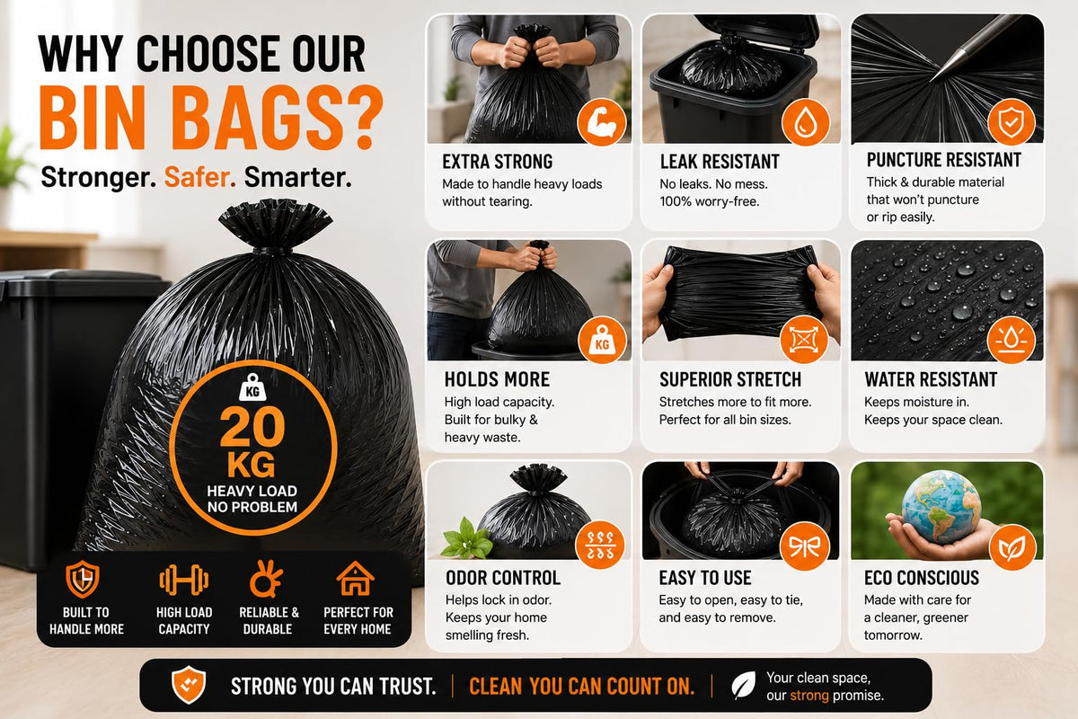 Haya Home 50L 50 Bin Bags Heavy Duty Bin Liners, Black Plastic Refuse Sacks large Garbage Waste Dustbin Bags for Kitchen Home Office DIY Garden from 100% Recycled Material