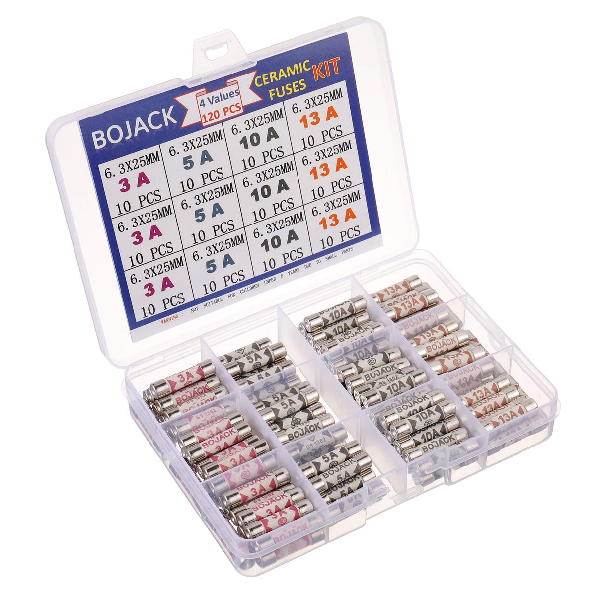 BOJACK 3 Values 42 pcs 3 5 13 A amp 240 V Volt Household Mains Plug Fuse 6.3x25 mm 0.25x1Inch BS1362 Ceramic Tube Cartridge Fuses Assortment Kit packag in a Clear Plastic Box