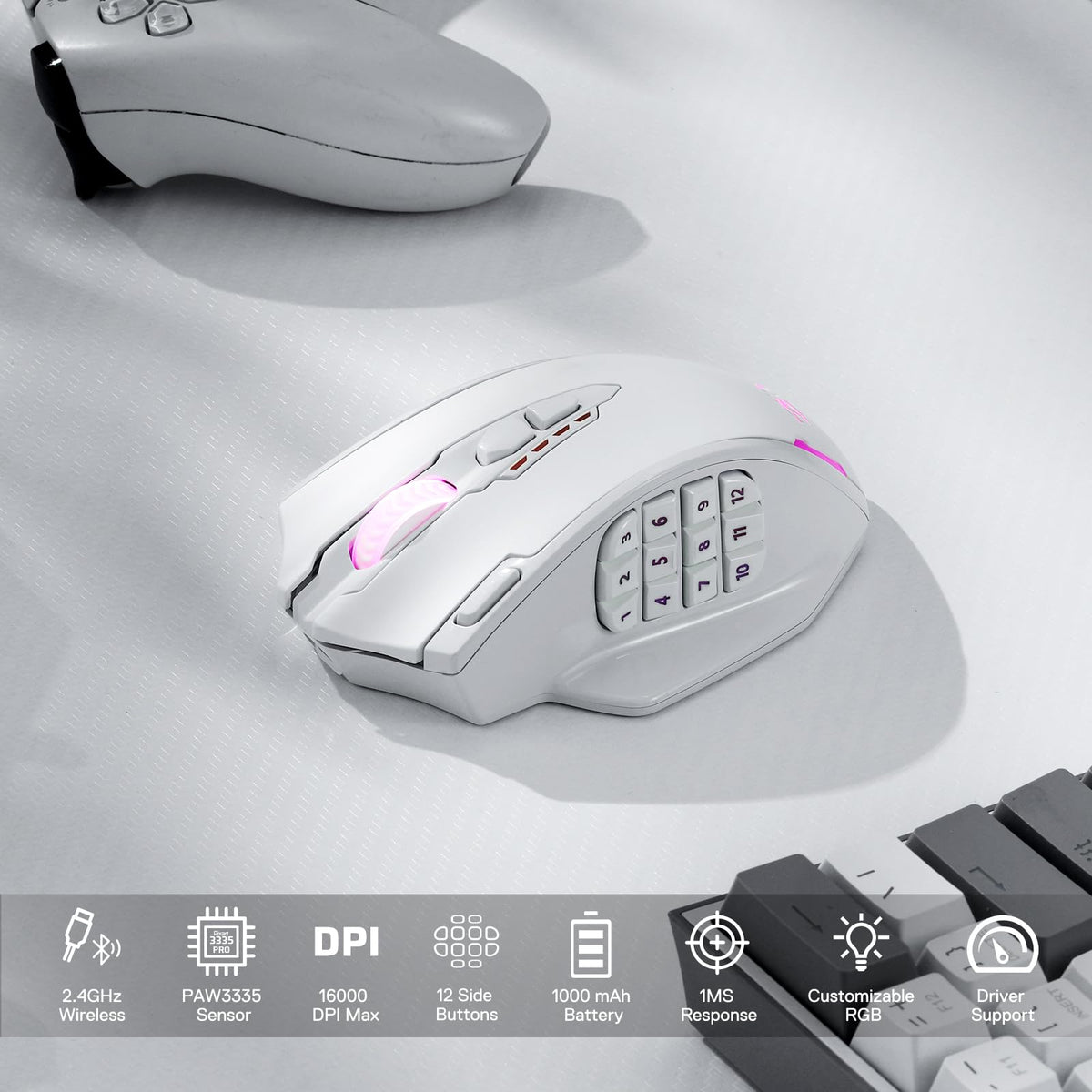 Redragon M908 Impact RGB LED MMO Gaming Mouse With 12 Side Buttons, Optical Wired Ergonomic Mouse with Max 12,400DPI, High Precision, 18 Programmable Macro Shortcuts, Comfort Grip