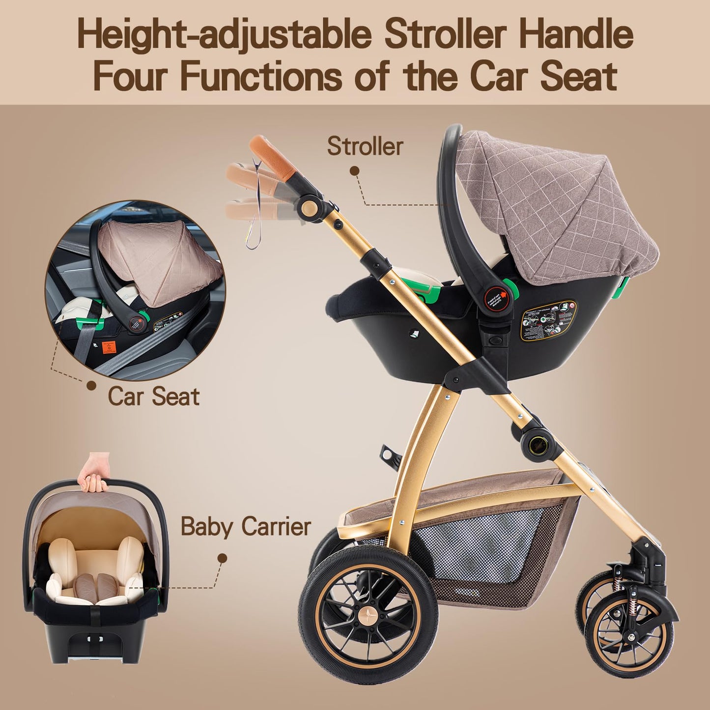 Gcarebb 3 in 1 Prams Travel System, Pushchair with Height Adjustable Handle, Travel Pram with Mosquito Net, Baby Stroller with Aluminum Frame for Newborn 0-4 Years