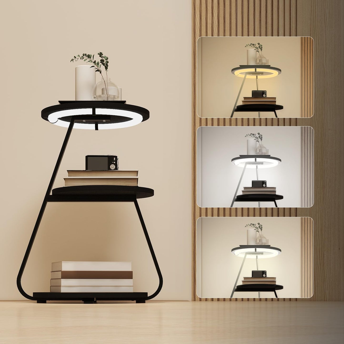 ARTETHYS Side Table, Small Round Coffee Table with 3 Color LED Lights, End Table with 3 Tier Storage Shelves, Bedside Sofa Side Tables for Living Room Bedroom, Rustic Brown