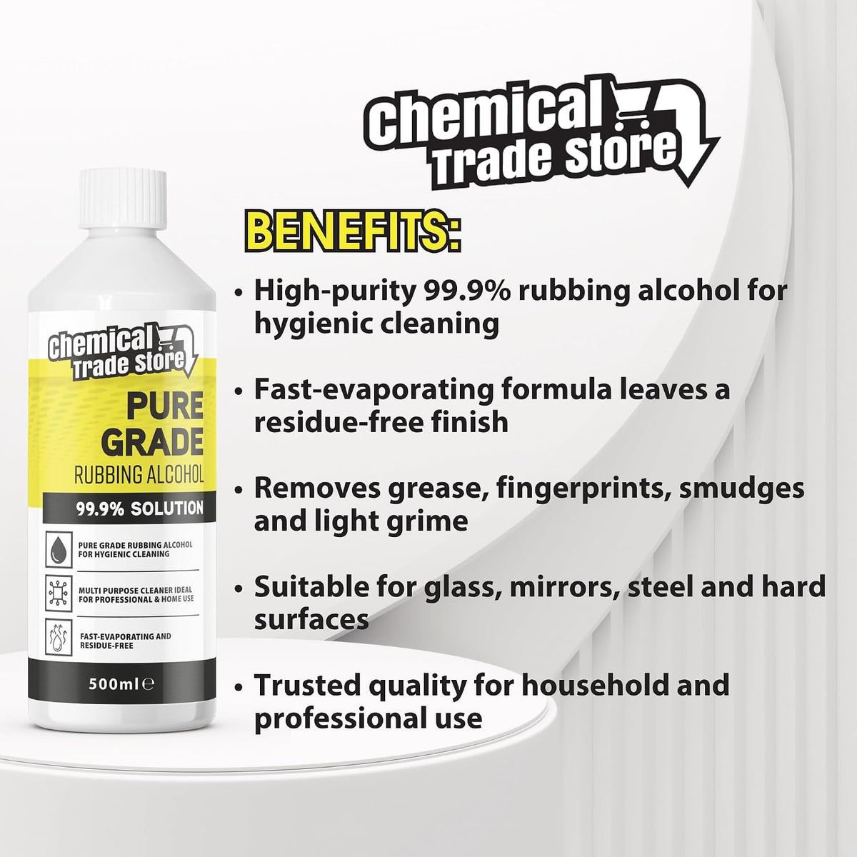 Rubbing Alcohol 99.9%, 500ml - High Purity Isopropyl Alcohol for Hygienic Surface Cleaning, Care Homes, Household Cleaning, Glass, Mirrors, Bathrooms, Kitchens & Hard Surfaces