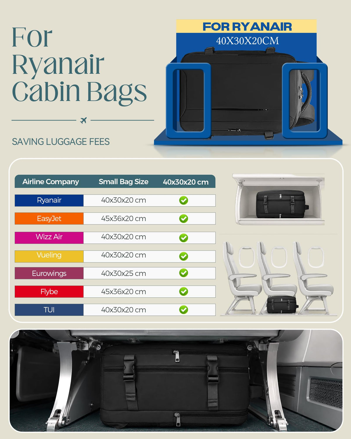 Lossga for Ryanair Cabin Bags 40x30x20,Cabin Bag Travel Backpack