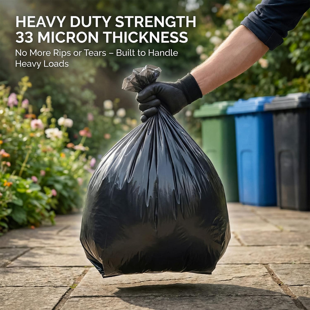 Roe Tenpo 100 Pack Heavy Duty Black Bin Bags – 100L, 33 μm Recyclable Refuse Sacks, Leak-Proof Bin Liners – Rubbish Bags for Kitchen, Home, DIY & Garden, Household, Office & Catering