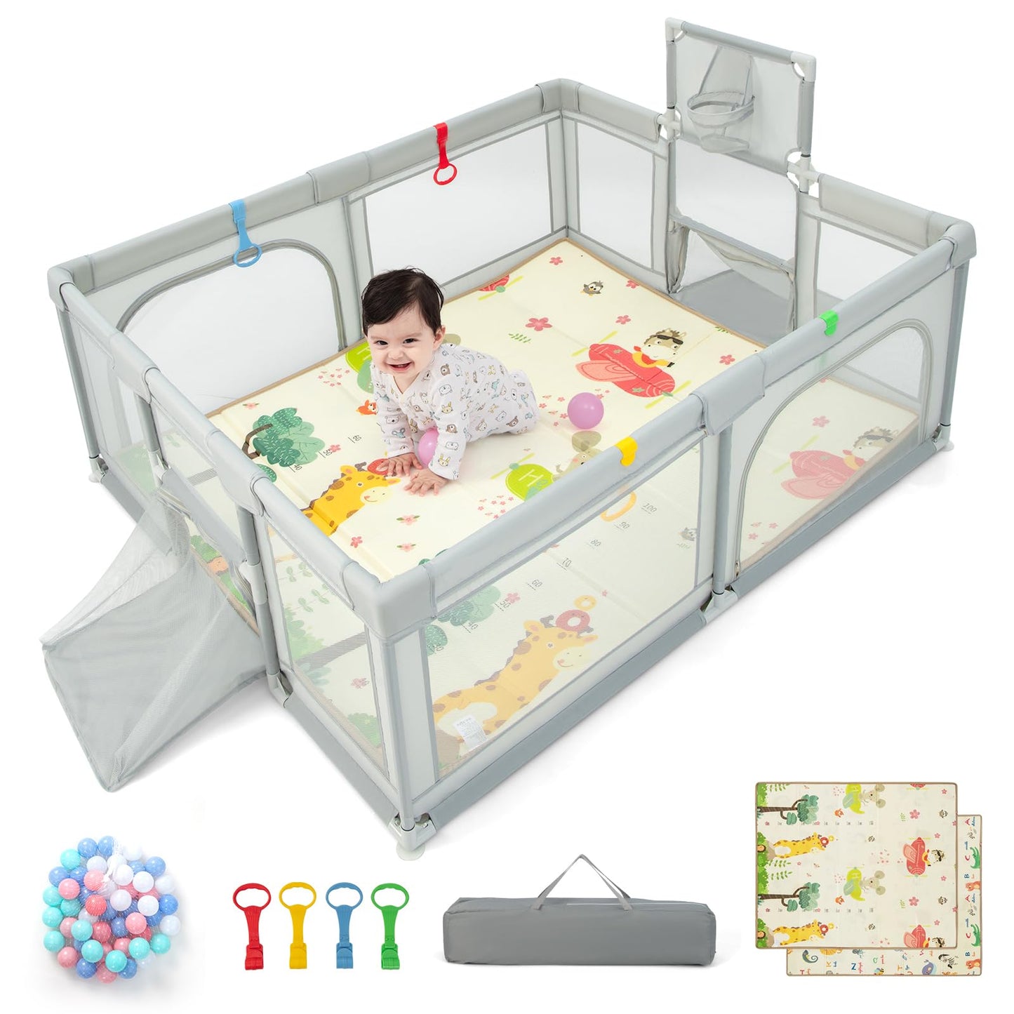 COSTWAY Baby Playpen, Toddler Mesh Play Pen with Mat, Pull Rings, Basketball Hoop, Football Nets, Ocean Balls, Indoor Outdoor Safety Playard for Babies and Toddlers (Light Gray, 207 x 142cm)