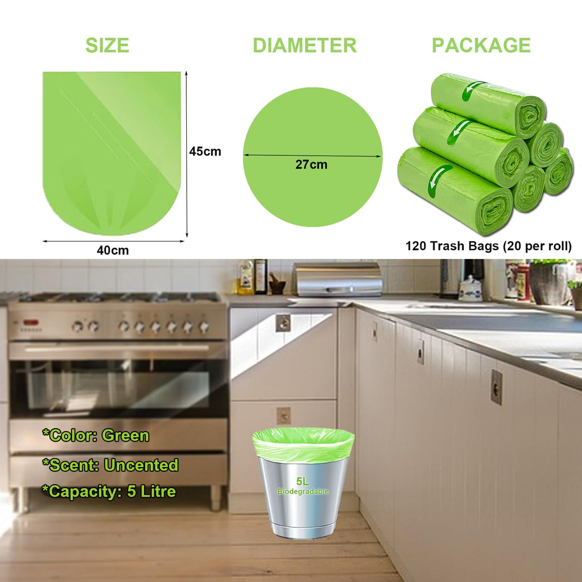 KITBEST 10L Biodegradable Bin Liners 120 Count Food Waste Trash Bags Small