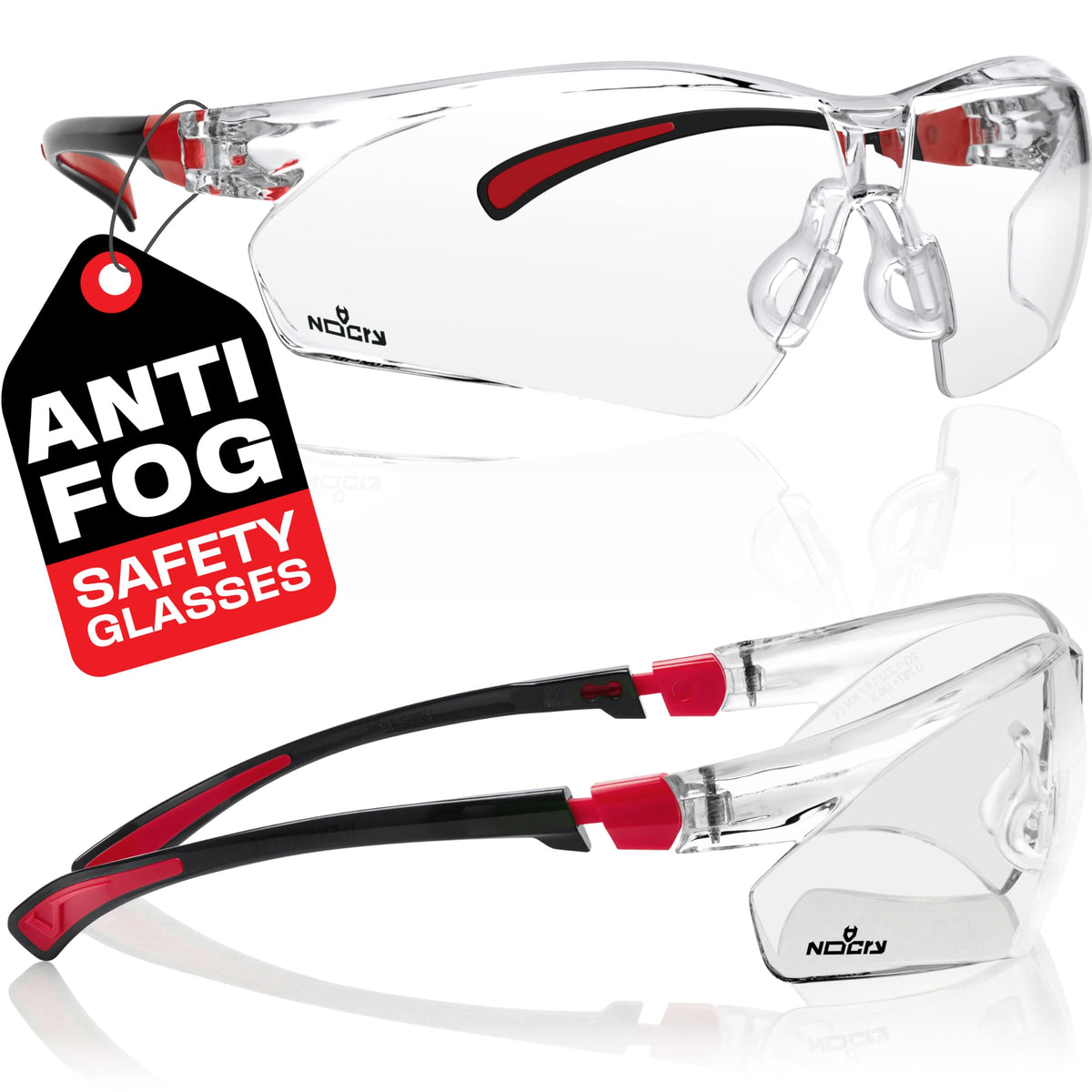NoCry Clear Safety Glasses for Work with Anti Fog Scratch Resistant Wrap-Around Lenses and Non-Slip Grips, UV Protection. Adjustable Eye Protection Cycling and Squash Glasses with Black & Green Frames