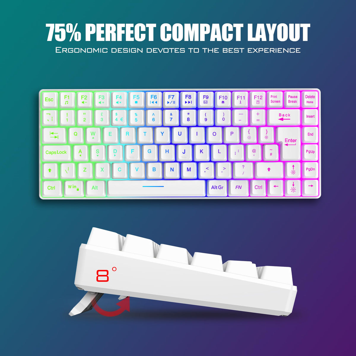 RedThunder K84 75% Wireless Gaming Keyboard and Mouse Rainbow Backlight UK Layout 85 Keys TKL Ultra Compact Mini Design Lightweight Honeycomb Gaming Mouse for PC Mac PS5 Xbox Office Gamers