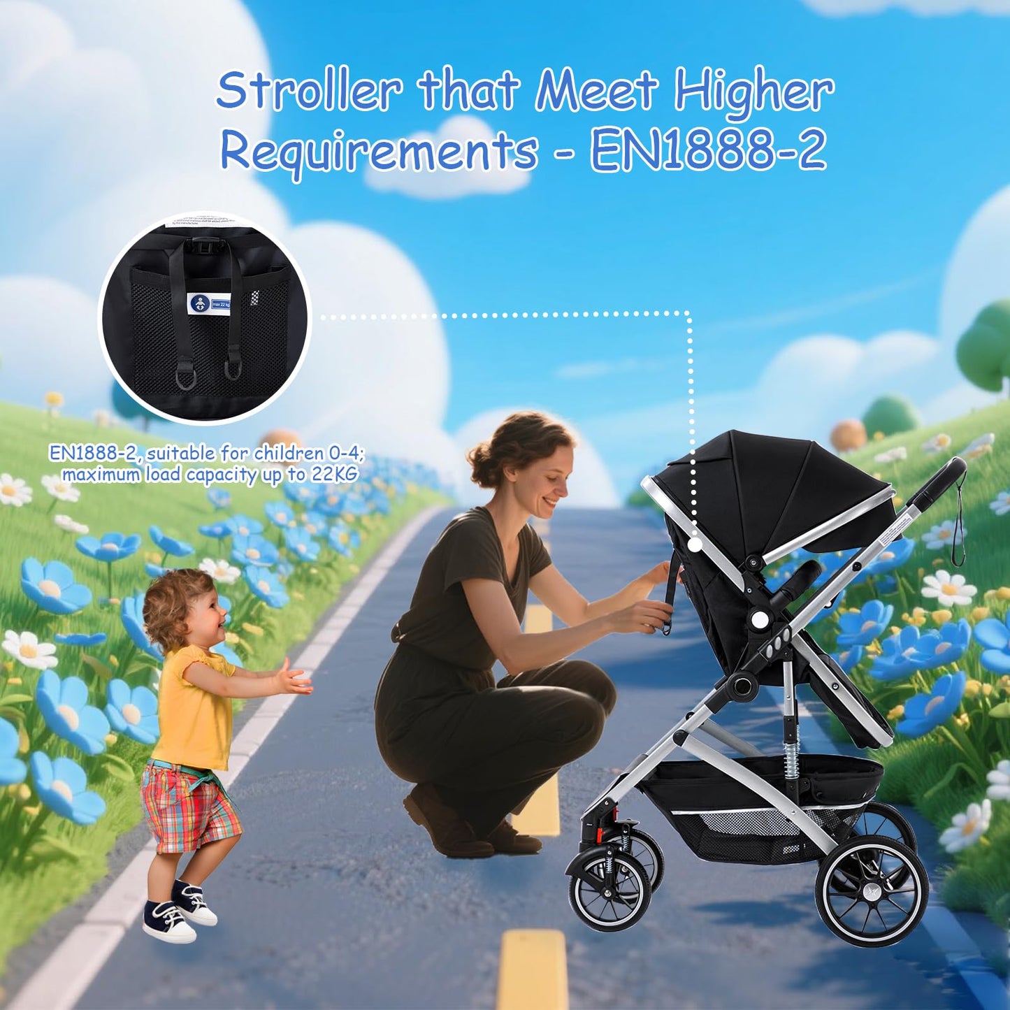 Baby Stroller 3 in 1,Travel Pushchair's Lie-Flat Pram is Foldable, Stroller System Handle is Adjustable, The Wheels are Made of PU Material, Suitable for 0-3 Years-Khaki