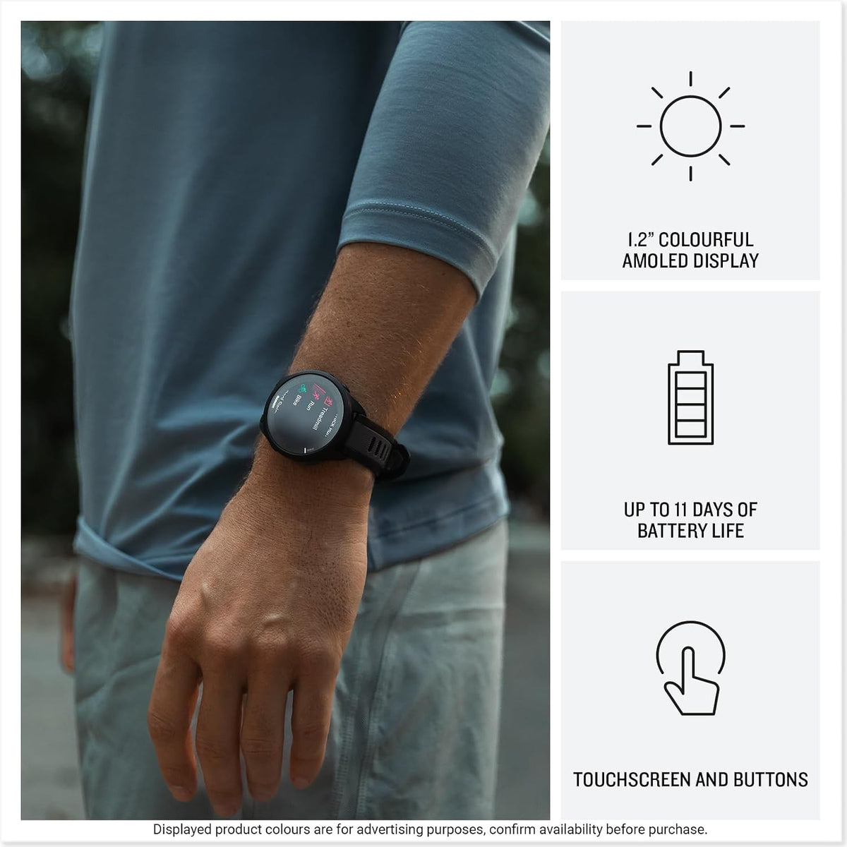 Garmin Forerunner 165, 43mm GPS running smartwatch, lightweight, AMOLED touchscreen, advanced training, insights & features, safety & tracking features, up to 11 days battery life, Black