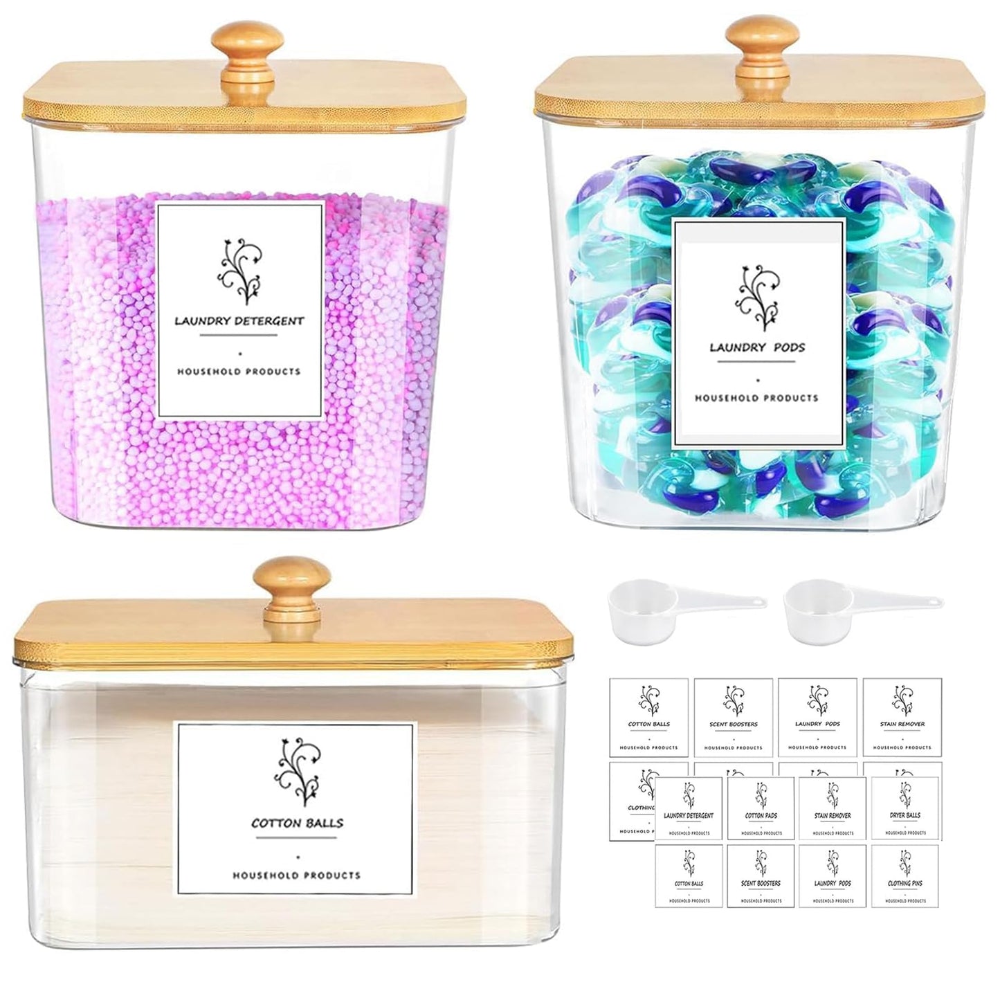 3-Pack Clear Laundry Pods Storage Container with Bamboo Lid, Labels & Scoop – Washing Pods Holder for Powder, Dishwasher Tablets, Scent Booster – Laundry, Bathroom, Kitchen Organization(Square)