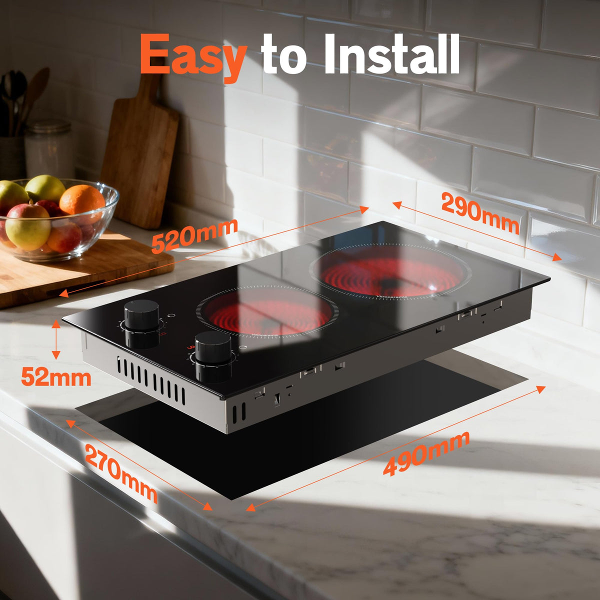 Double Ceramic Hob with Handle, Plug in 2 Ring Electric Hob