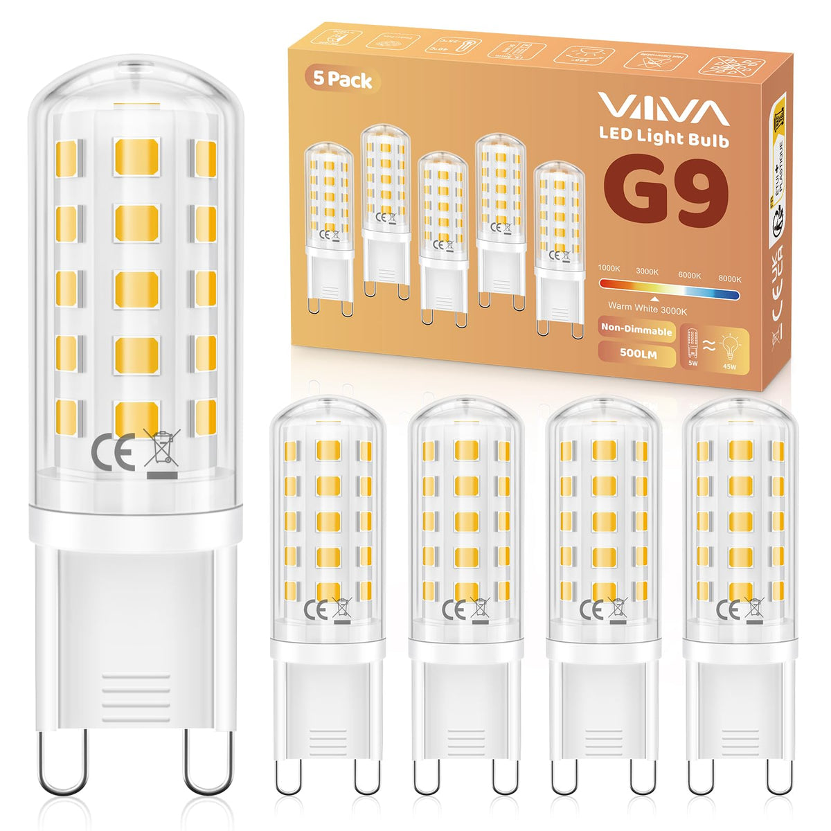 G9 LED Bulbs Cool White, 5W(45W Equivalent) 6000K, 500LM, Pack of 5