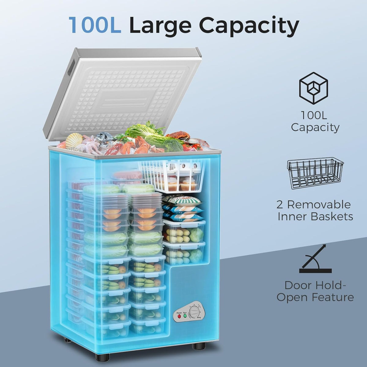 YASHE 100L Chest Freezer, Compact Deep Freezer with 2 Baskets, White