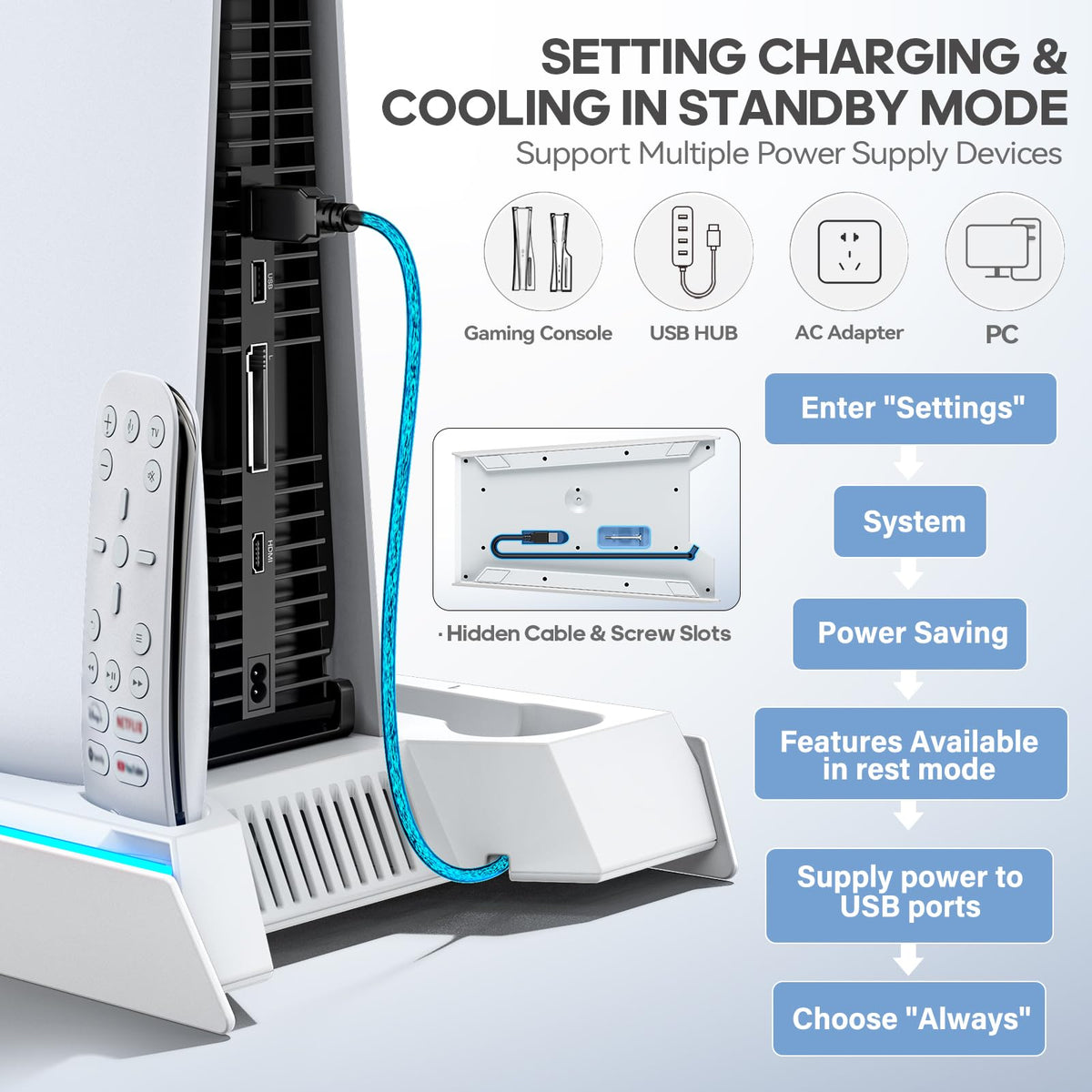 Rysker PS5/Slim/Pro Stand, PS5 Cooling Station Built-in 3-Level Cooling Fan & Fast Charger for Disc & Digital, PS 5 Accessories with Safety Screw and Headset Holder