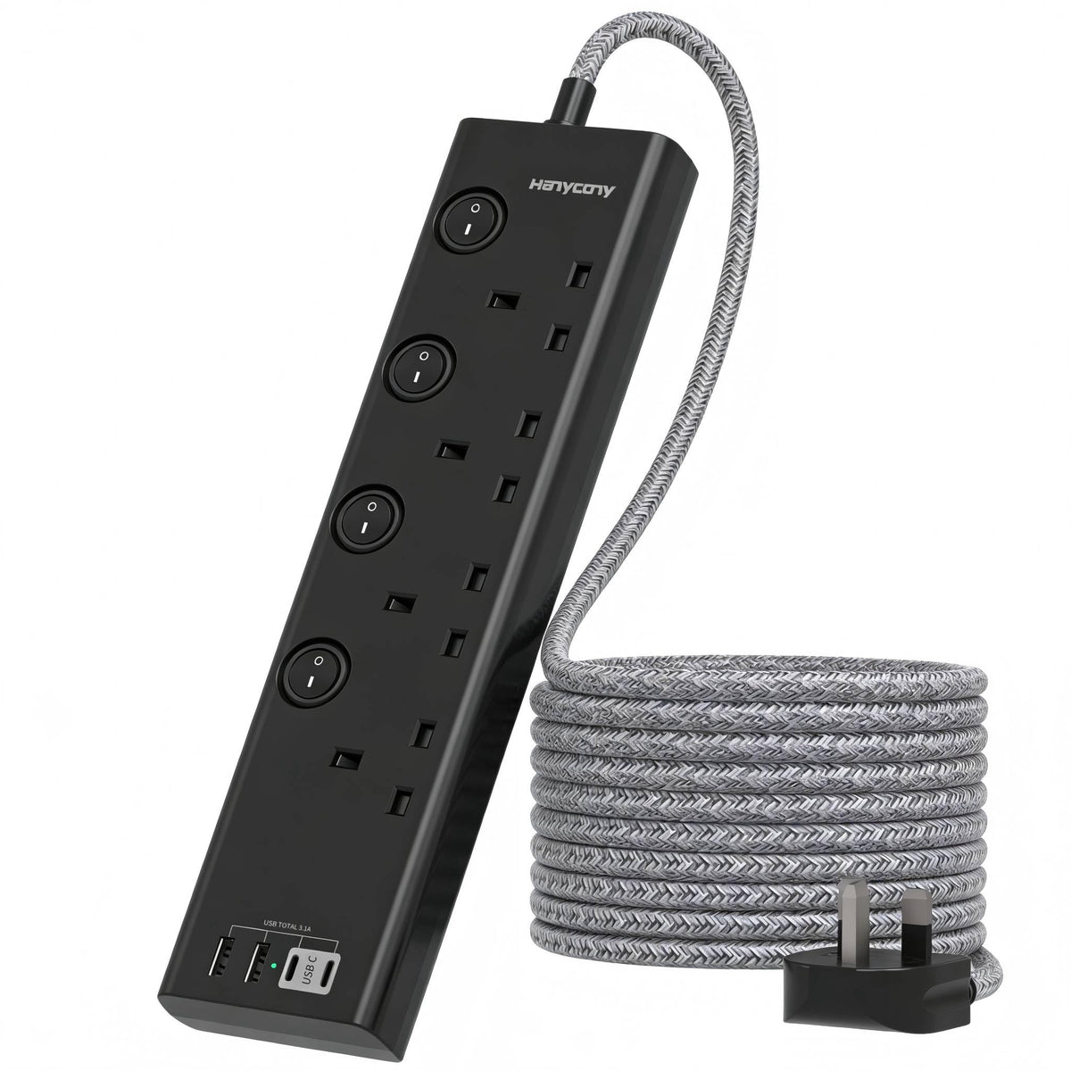 Extension Lead with USB Slots(2 USB C), 4 Way Plug Extension Socket, 1.8M