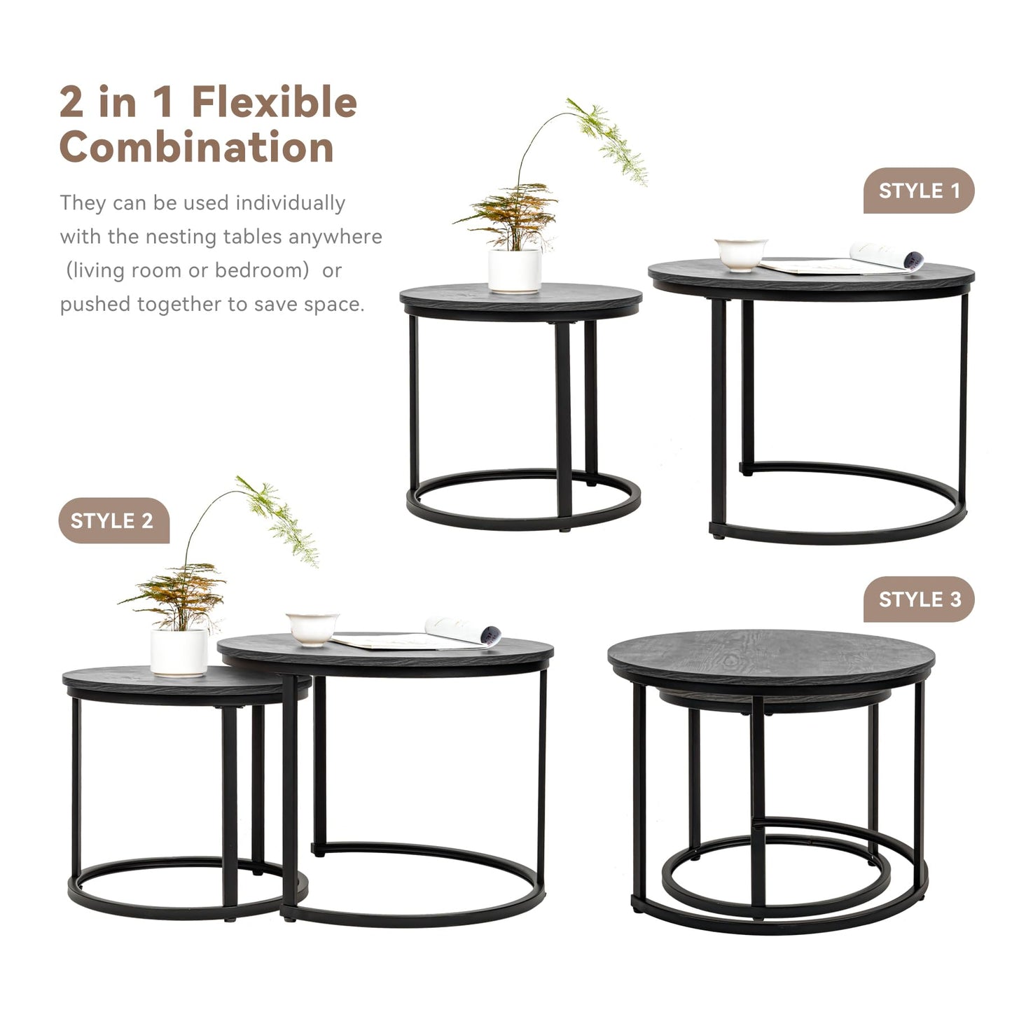 Hawthyhome Coffee Tables, Round Nesting Tables Tet of 2, Modern Side Tables with Metal Frame, Industrial Stacking End Tables for Living Room Bedroom Office, 60 * 60 * 45cm, Brown