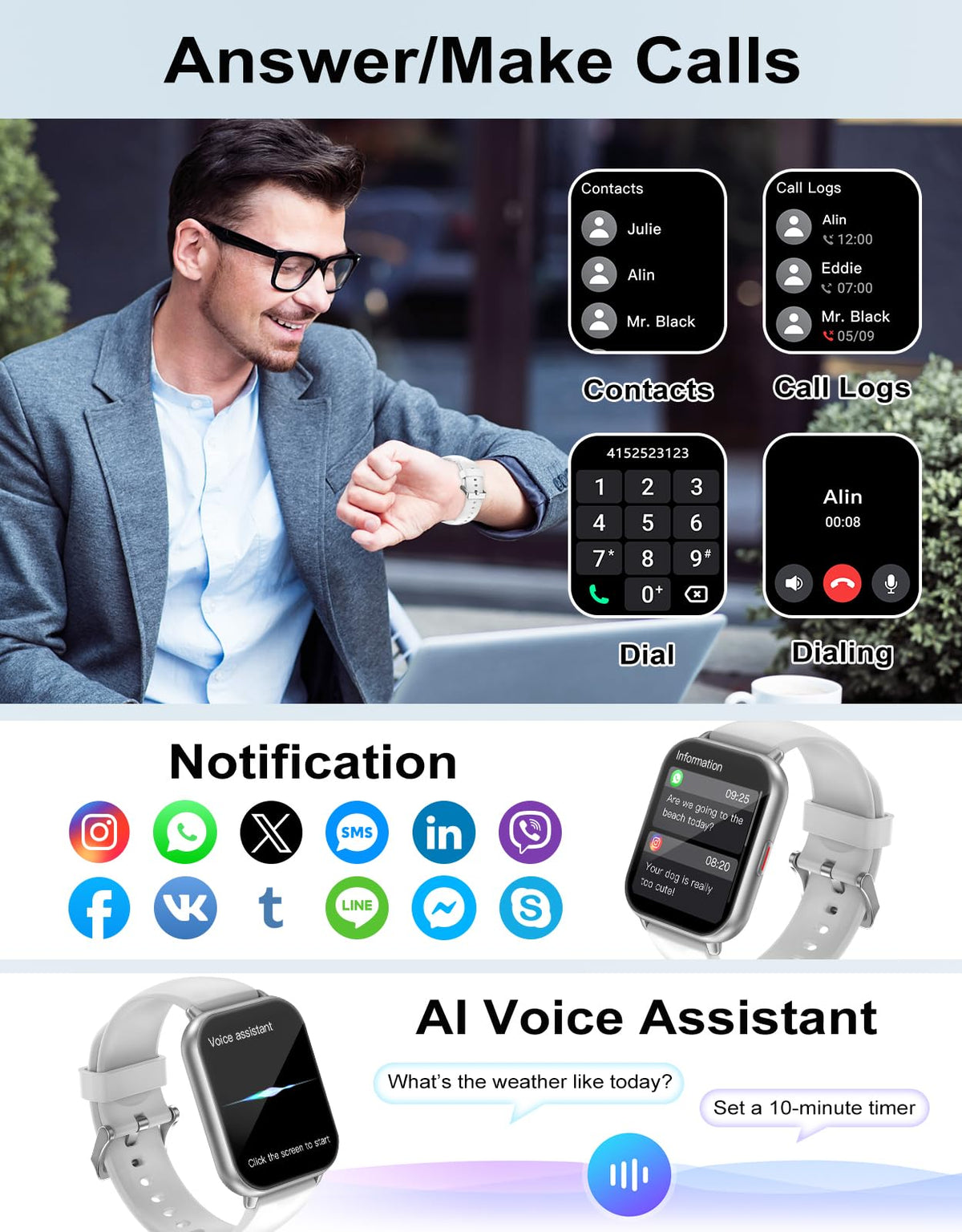 RUIMEN Smart Watch Answer Dial Call,Smart Watches for Women Men 1.85" HD Screen Fitness watch with SpO2 Heart Rate Sleep Monitor Step Counter Waterproof 100+ Sports Mode for Android iOS (2 Bands)