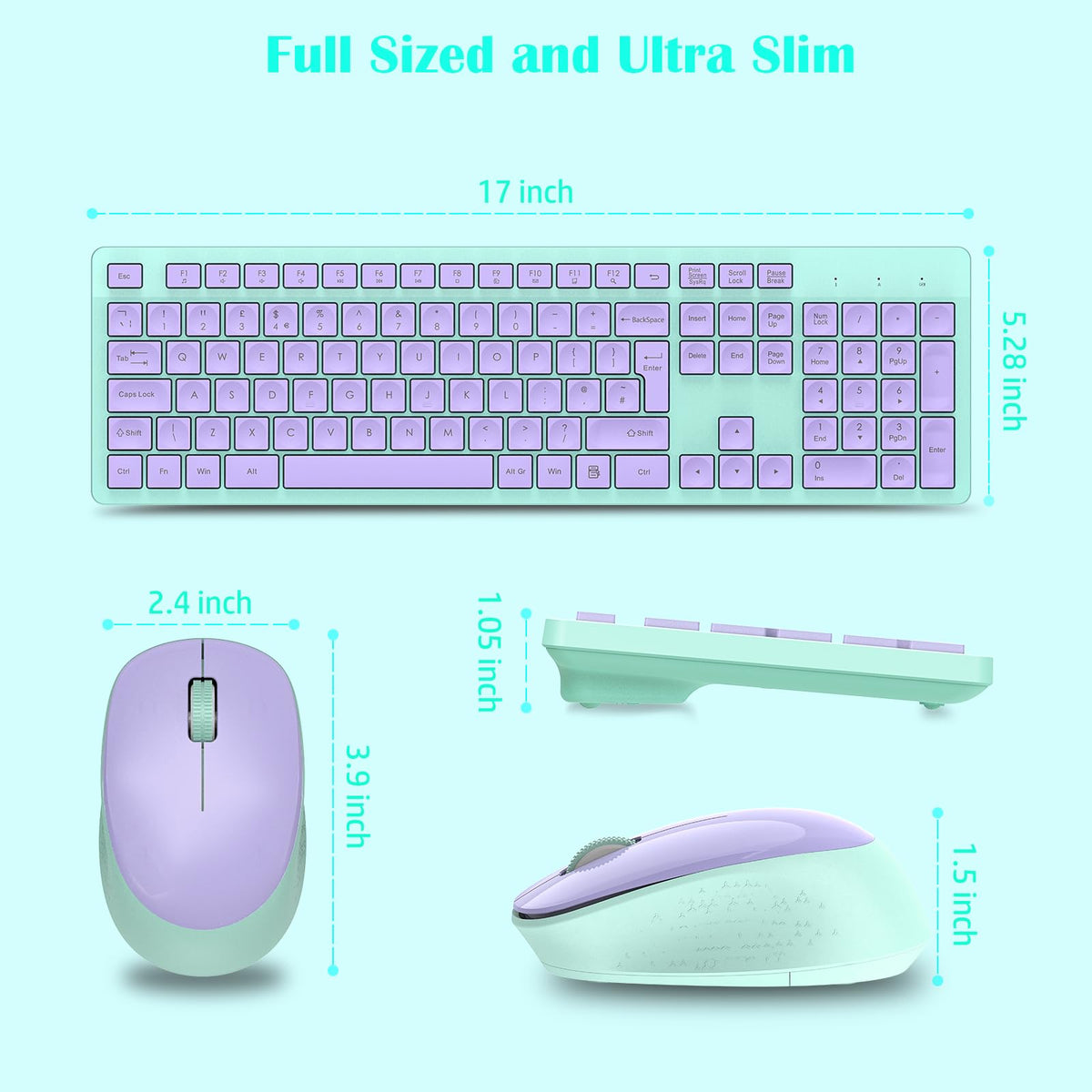 LeadsaiL Wireless Keyboard and Mouse Set, 2.4GHz USB Computer Keyboards and Mouse Combo, Full Size UK QWERTY Layout, Ergonomic Design with 12 Multimedia Shortcuts for HP/Lenovo Laptop and Mac-Purple