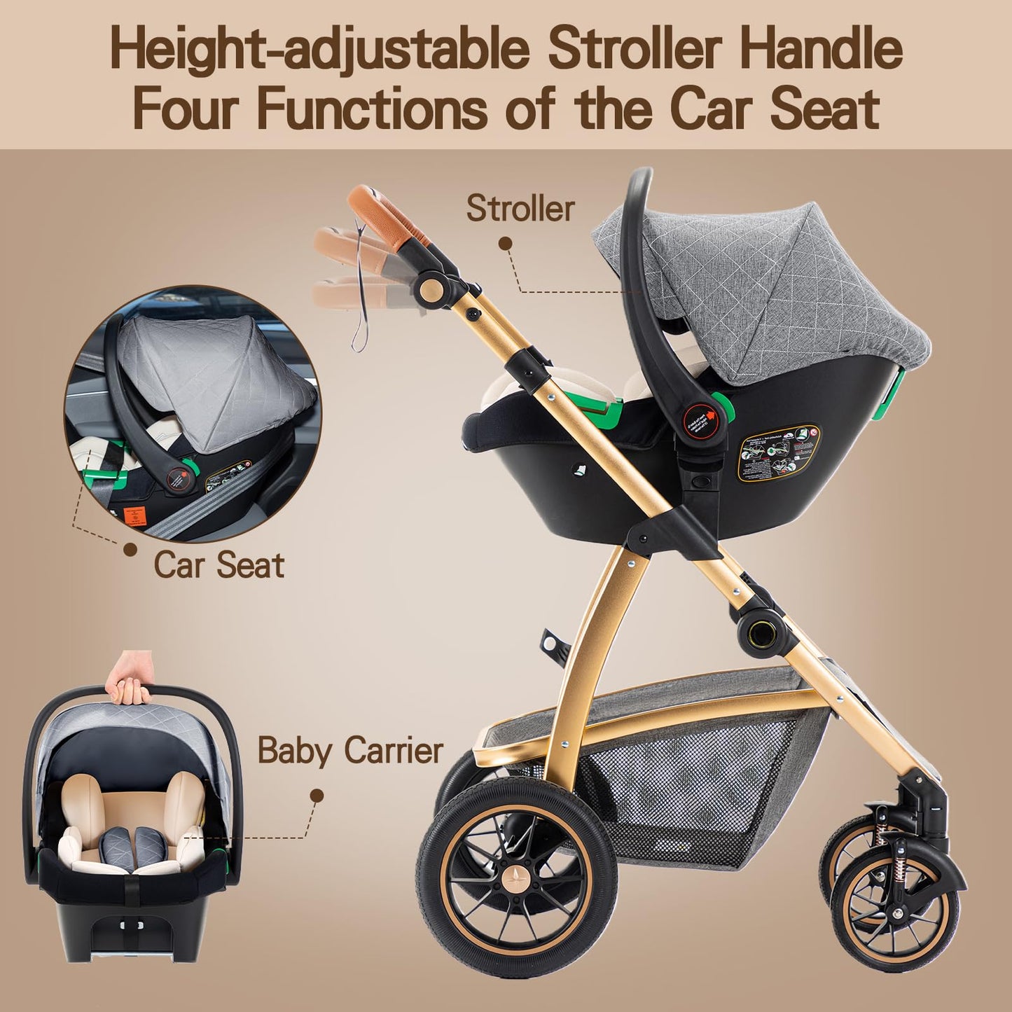 Gcarebb 3 in 1 Prams Travel System, Pushchair with Height Adjustable Handle, Travel Pram with Mosquito Net, Baby Stroller with Aluminum Frame for Newborn 0-4 Years