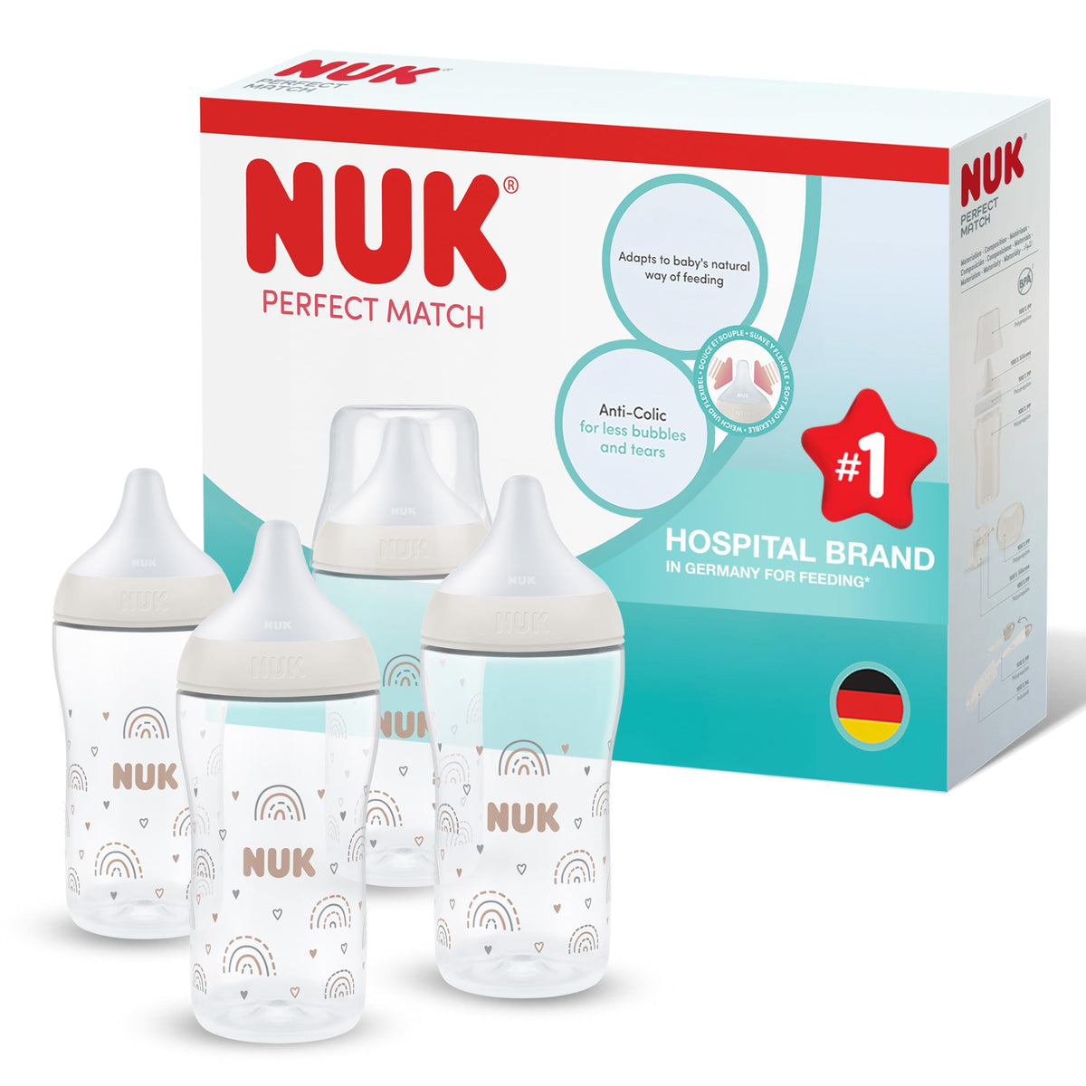 NUK Perfect Match Newborn Baby Bottle Set | 0+ Months | 150ml | Anti Colic Feeding Bottle | PP | Temperature Control Indicator | Rainbow | 4 Count