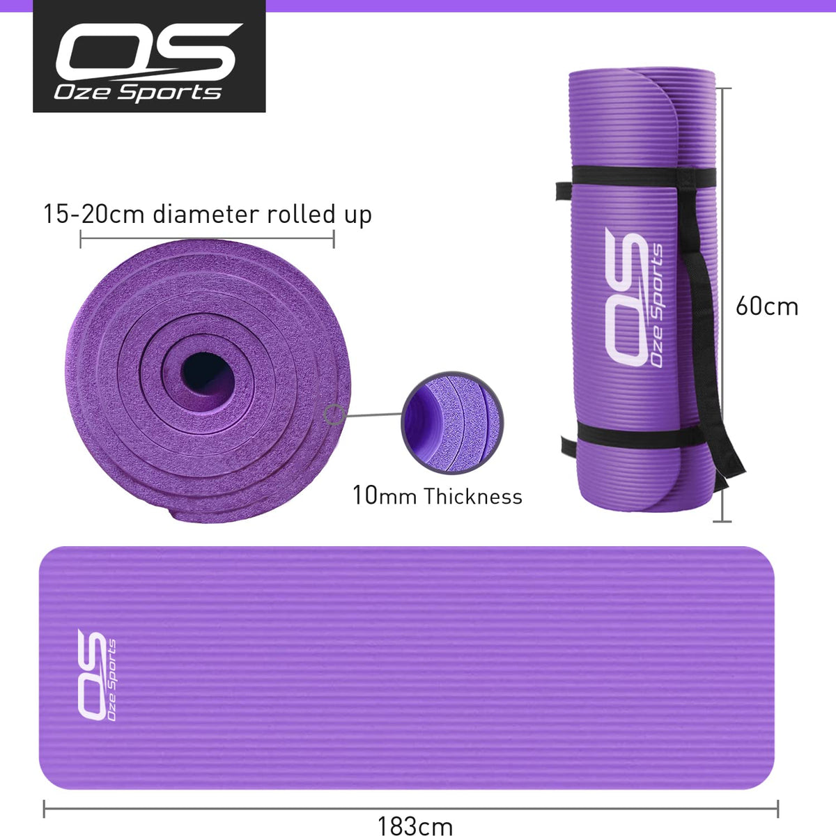 OZE SPORTS Yoga Mat, NBR Foam, Extra Thick, Non-Slip, High Density, Large, for Pilates, Gymnastics, HiiT and Fitness, with Free Carry Strap