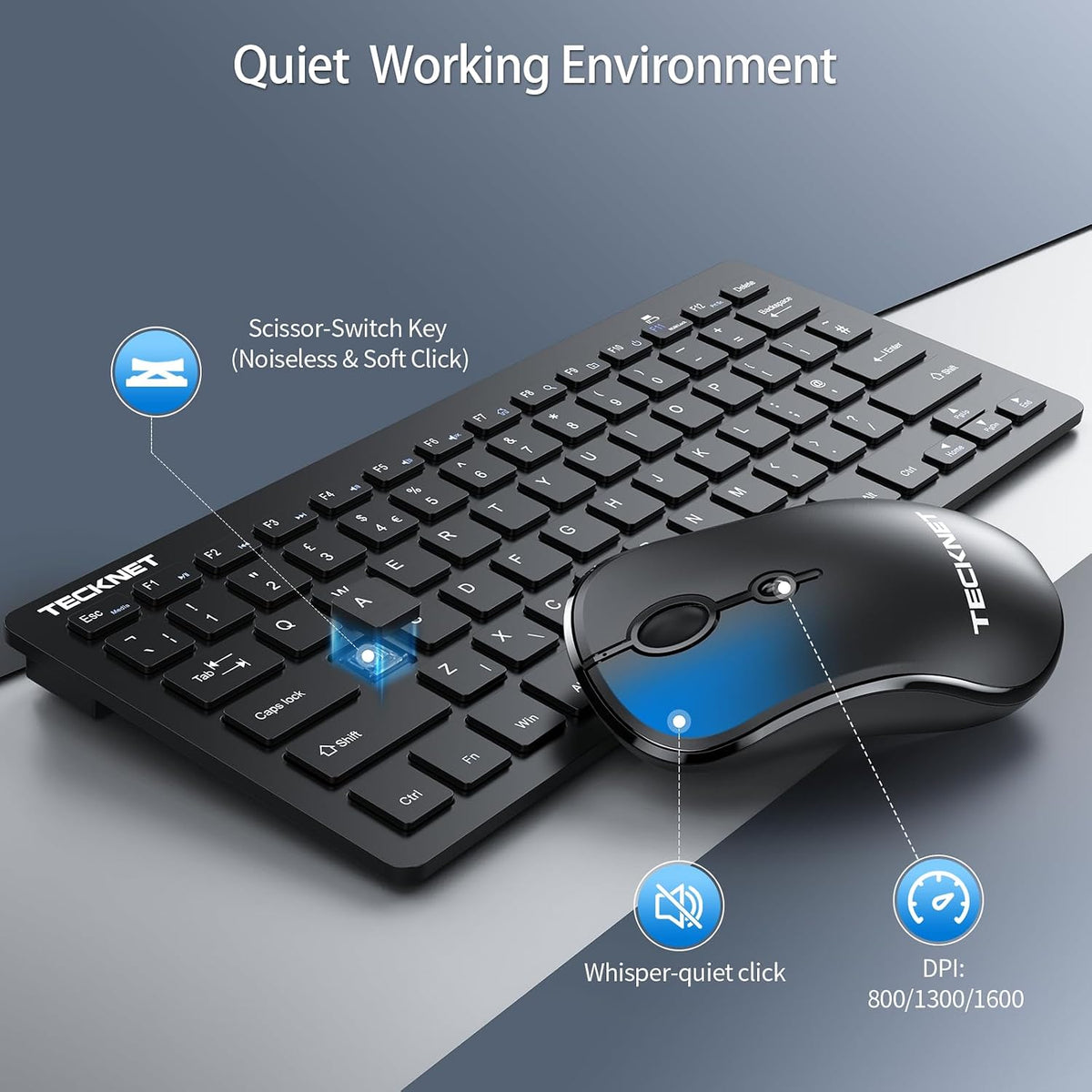 TECKNET Mini Wireless Keyboard and Mouse Set, 2.4G Cordless USB, Black