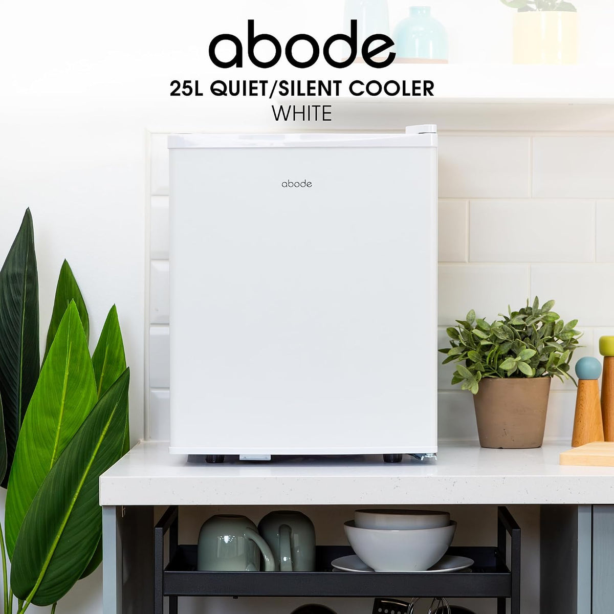 Abode Quiet Mini Cooler 25L Thermoelectric for Drinks with Adjustable Thermostat, Portable in White, Compact For Bedroom, Home, Caravan with Reversible Door A25THBC102W