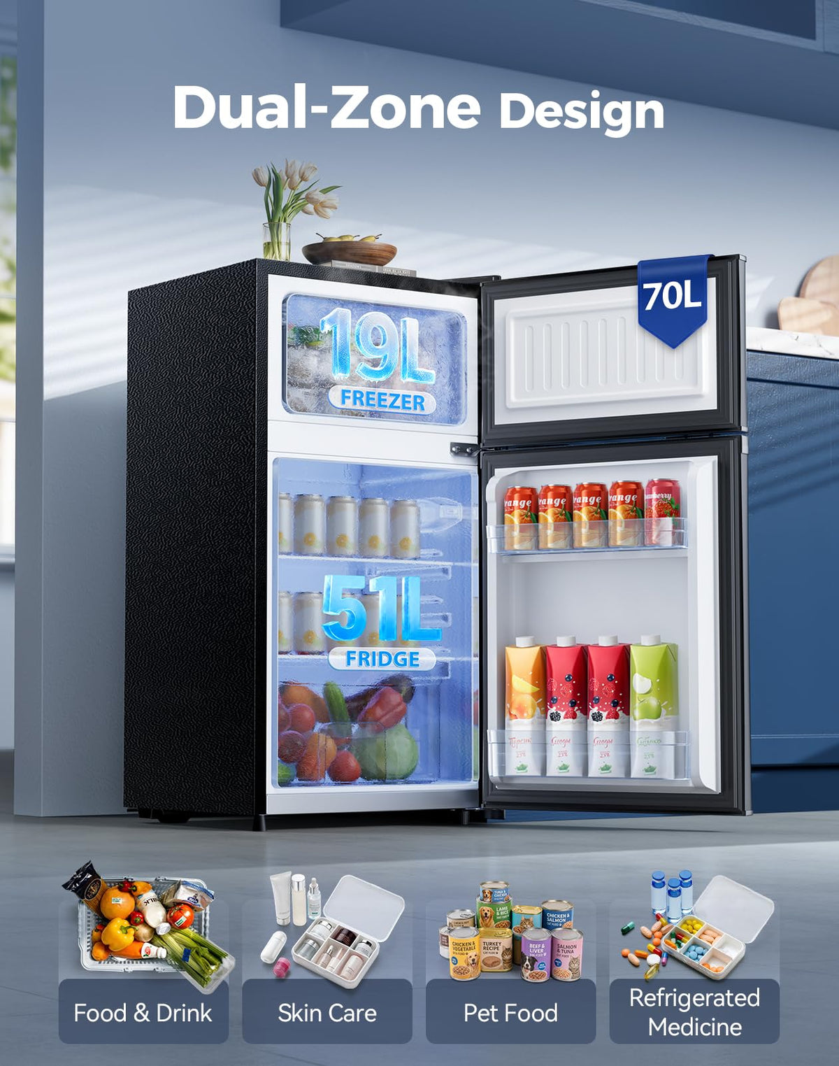 Small Fridge Freezers Freestanding 105L 7‑Stage Thermostat LED Light