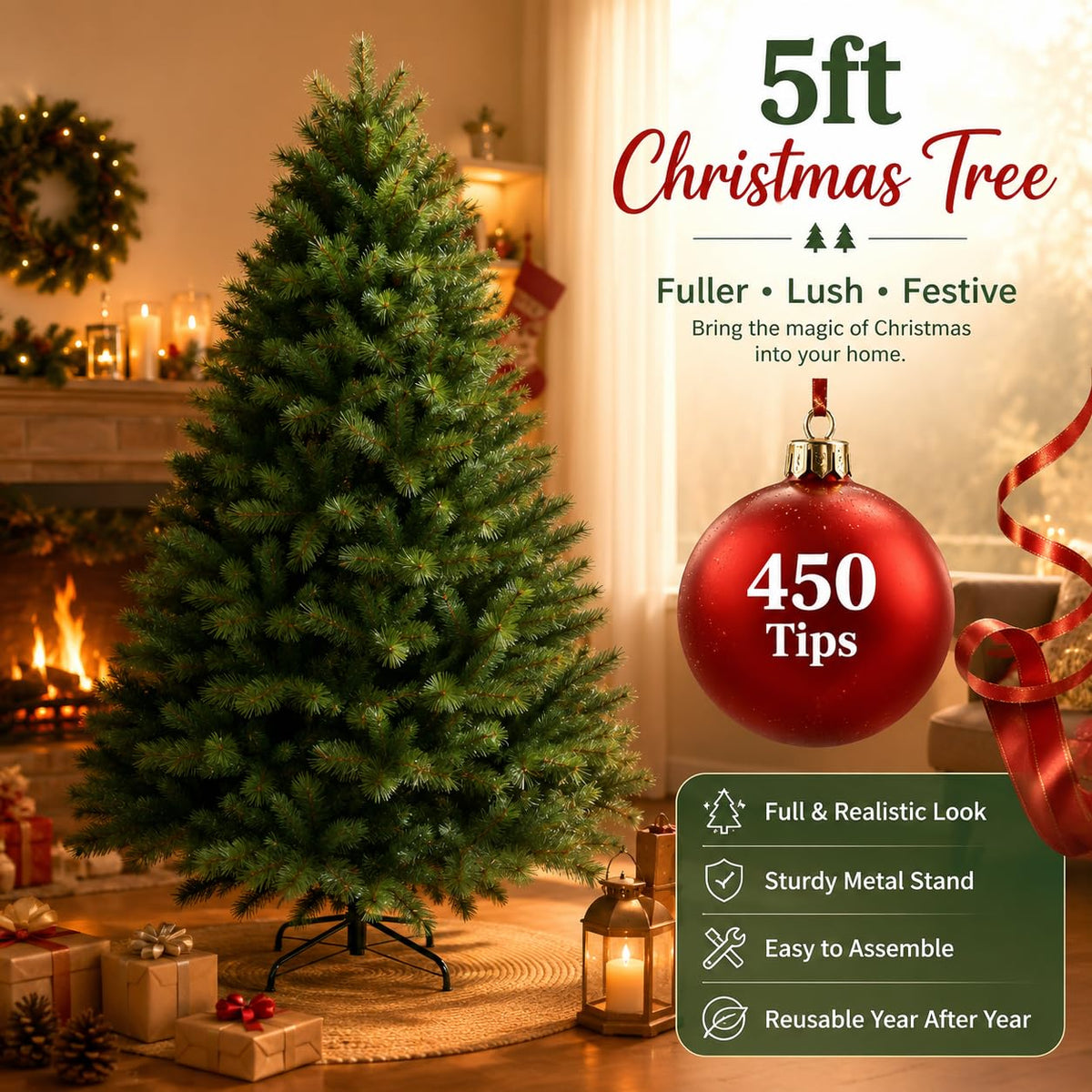 7ft (2.13M) Artificial Christmas Tree, Realistic Green with Metal Stand
