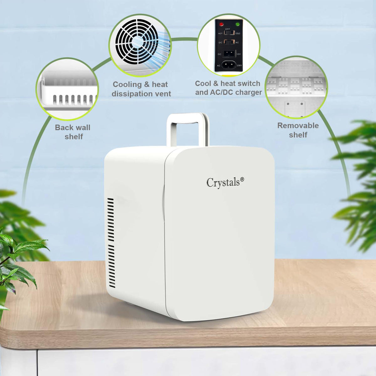 Crystals Mini Fridge, 10L Table Top Small Fridge Cooler & Warmer for Car Bedrooms Desk Office, 12V DC - 220 AC, Energy Efficient (Black)