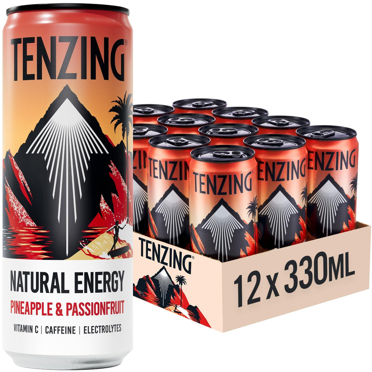 TENZING Natural Energy Drink, Plant Based, Vegan, & Gluten Free, +BCAA, Apple & Seaberry, 330ml (Pack of 12) - Packaging may vary