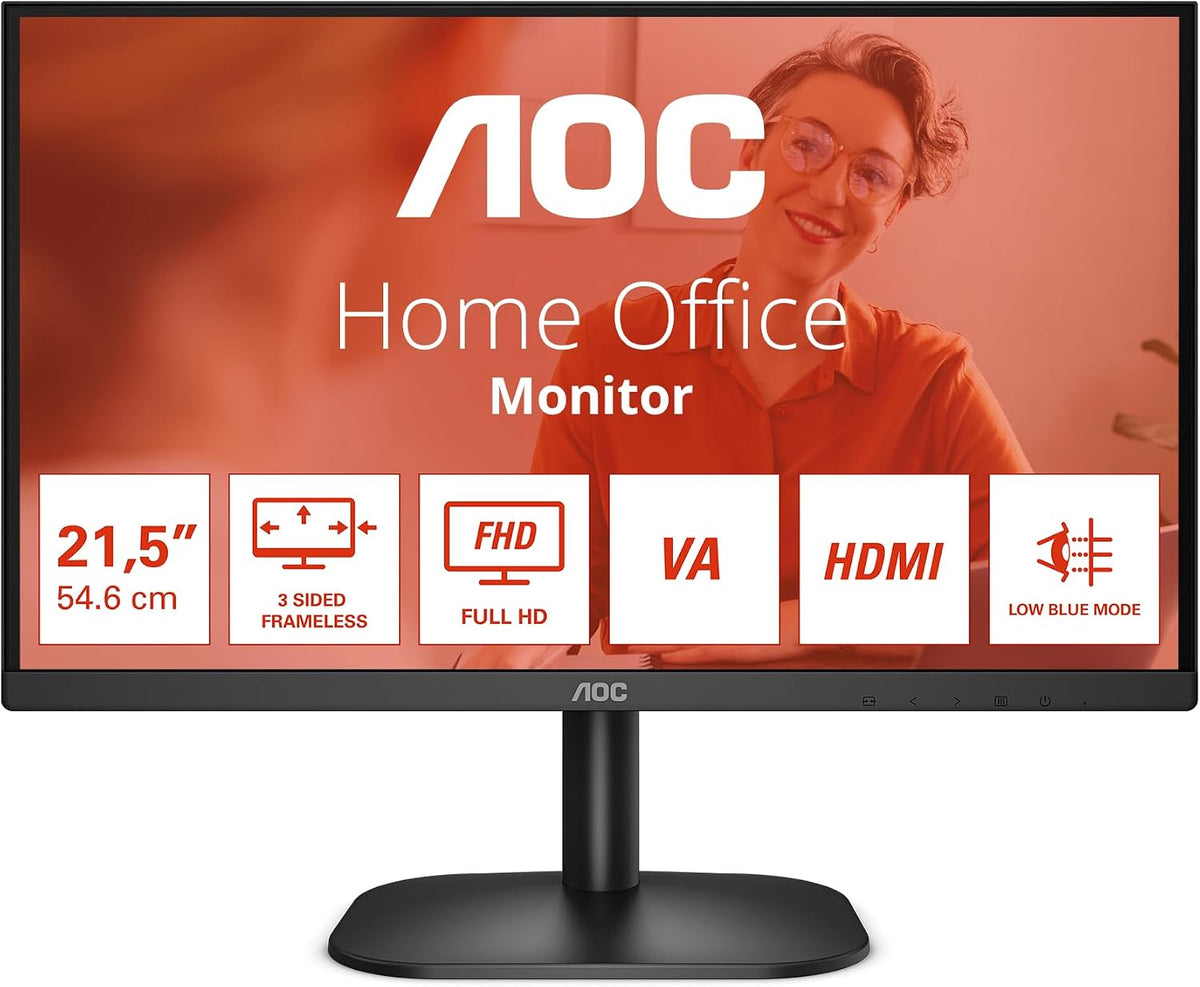 AOC 22B2H - 22 inch FHD Monitor, 75Hz, VA, 7ms Frameless design, Tilt, lowBlue Mode, Flicker Free (1920 x 1080 @ 75Hz, HDMI/VGA)