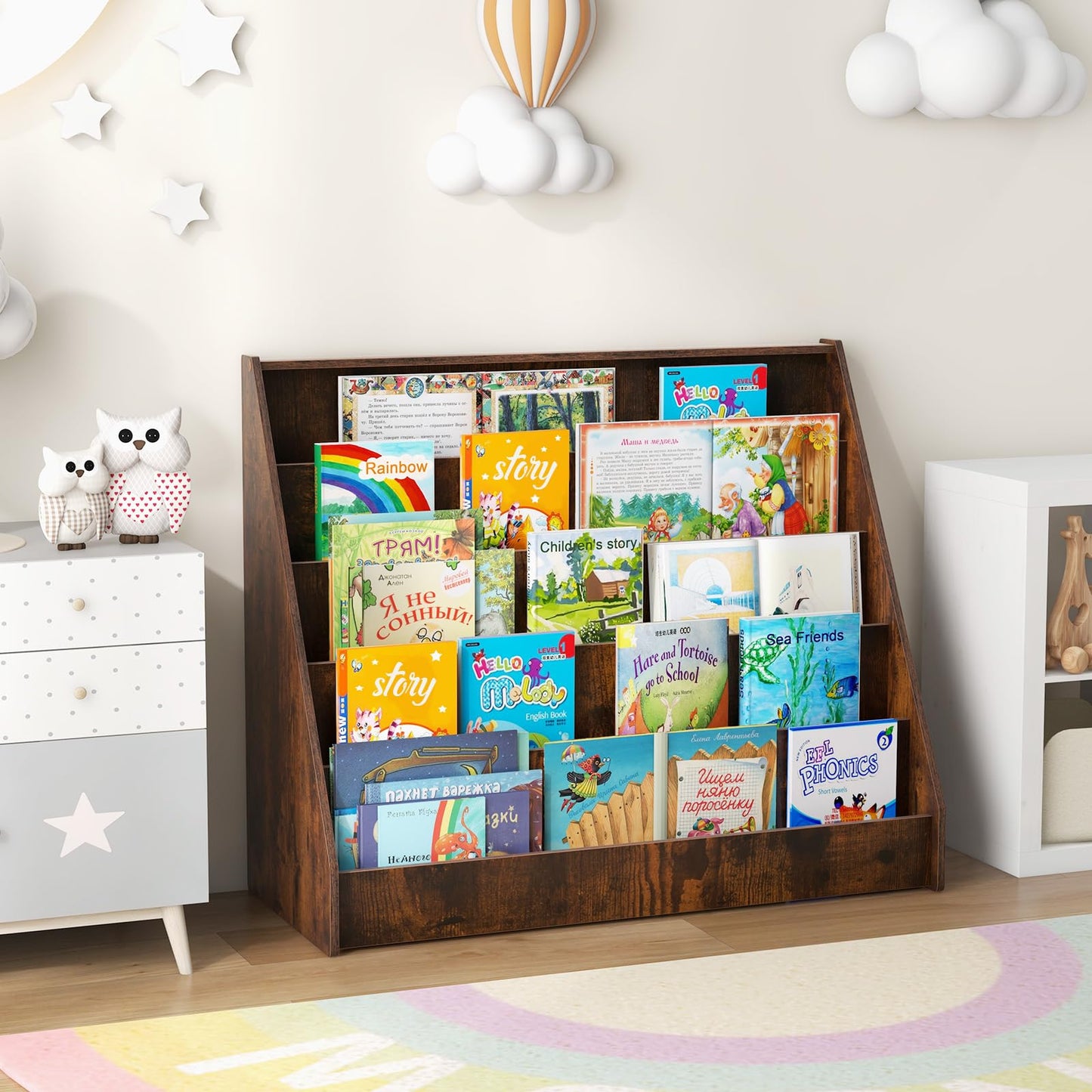 COSTWAY Wooden Kids Bookshelf, 5 Tier Children Bookcase with Deep Compartments, Back Storage Space, Front-Facing Books Display Rack for Playroom, Daycare, Kid’ Room (Rustic Brown)