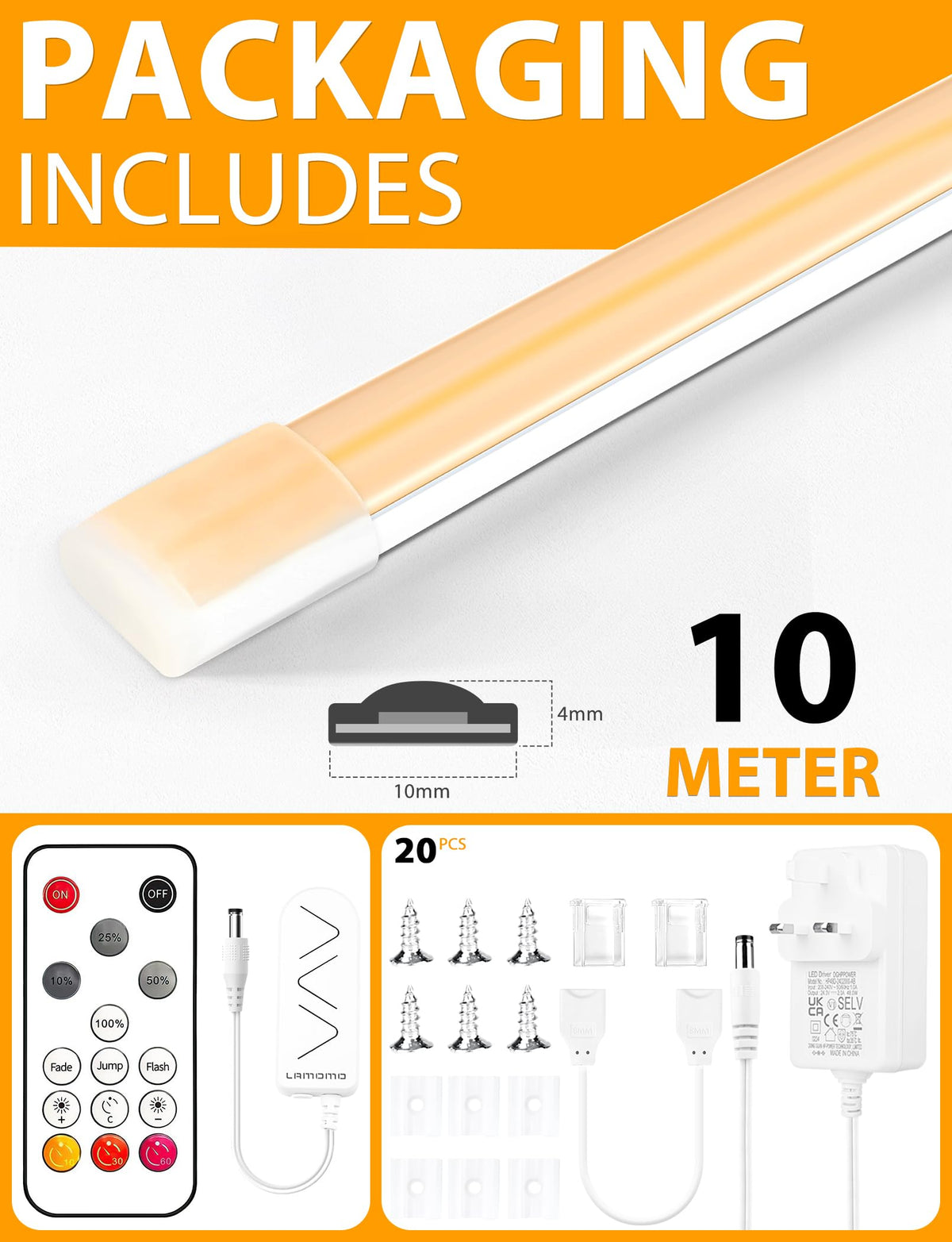 Lamomo COB LED Strip Light 5M, White Dimmable Neon Rope with Remote