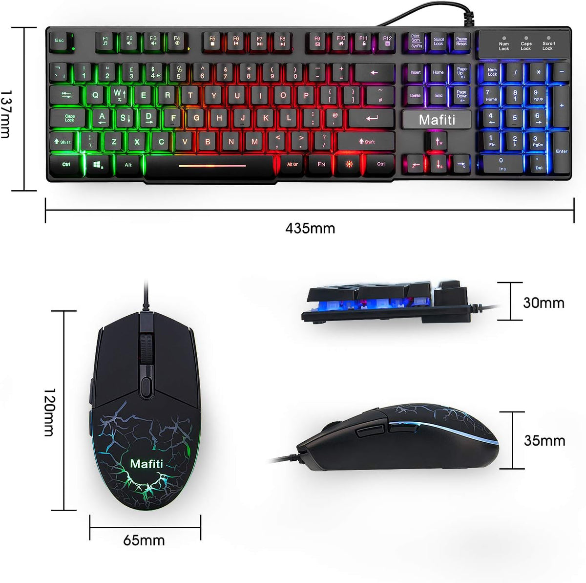 Gaming Keyboard and Mouse Set,Mafiti Rainbow Backlit Keyboard with Mechanical Feeling Breathing Light for Working or Gaming,UK Layout