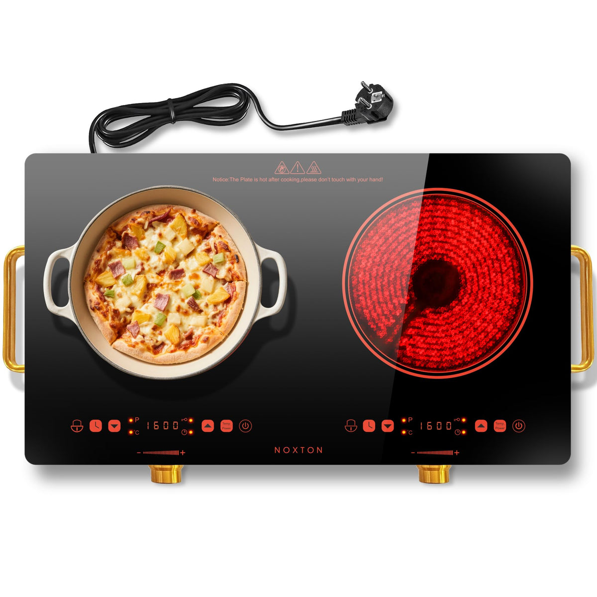 Noxton 2 Zone Ceramic Hob 30cm Electric Hob with Timer, Safe Lock, Pause Coutertop Use Hob with 13AMP Plug 2800W