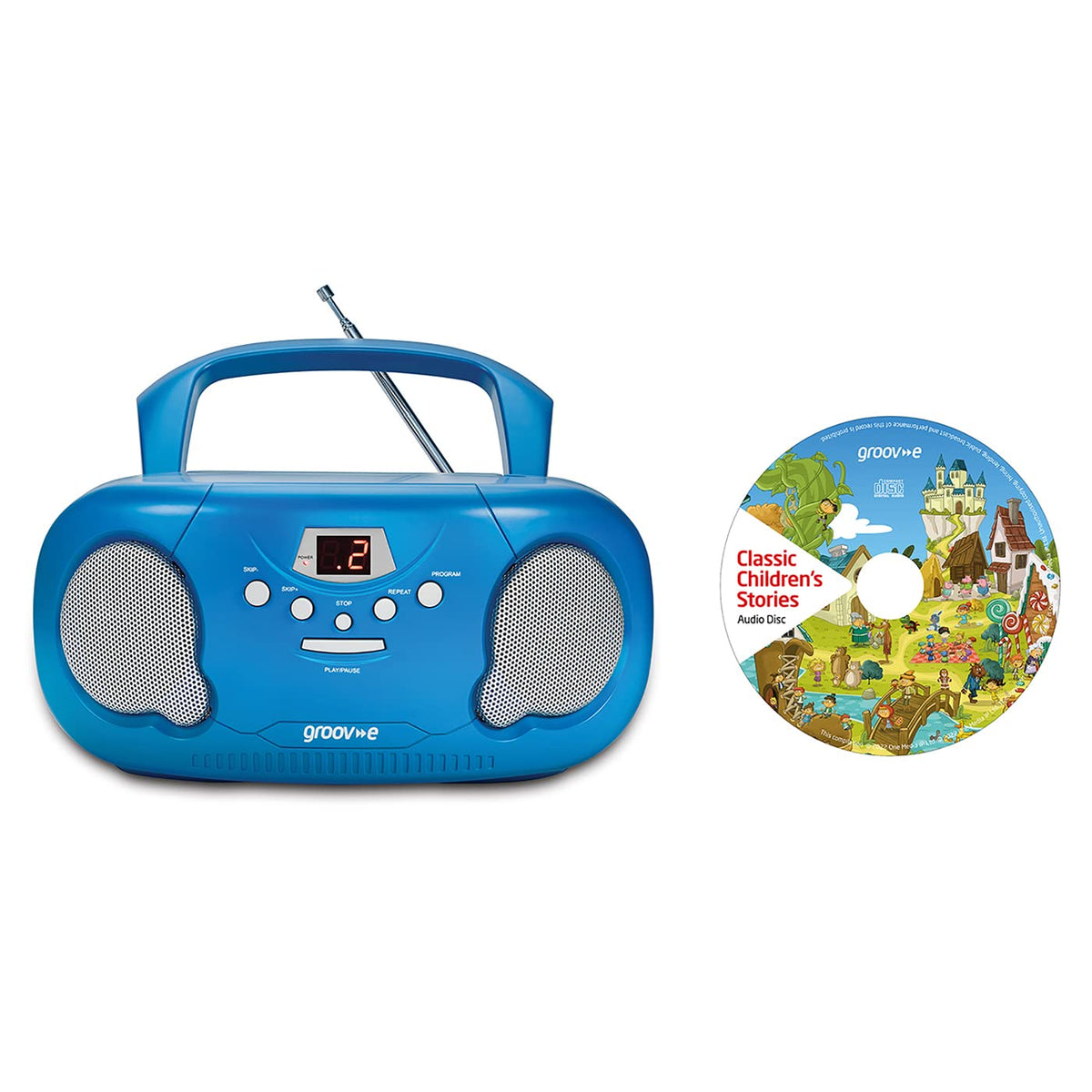 Groov-e Original Boombox - Portable CD Player with Bluetooth, Radio, 3.5mm Aux Port, & Headphone Socket - LED Display, 2 x 1.2W Speakers - Battery or Mains Powered - Black