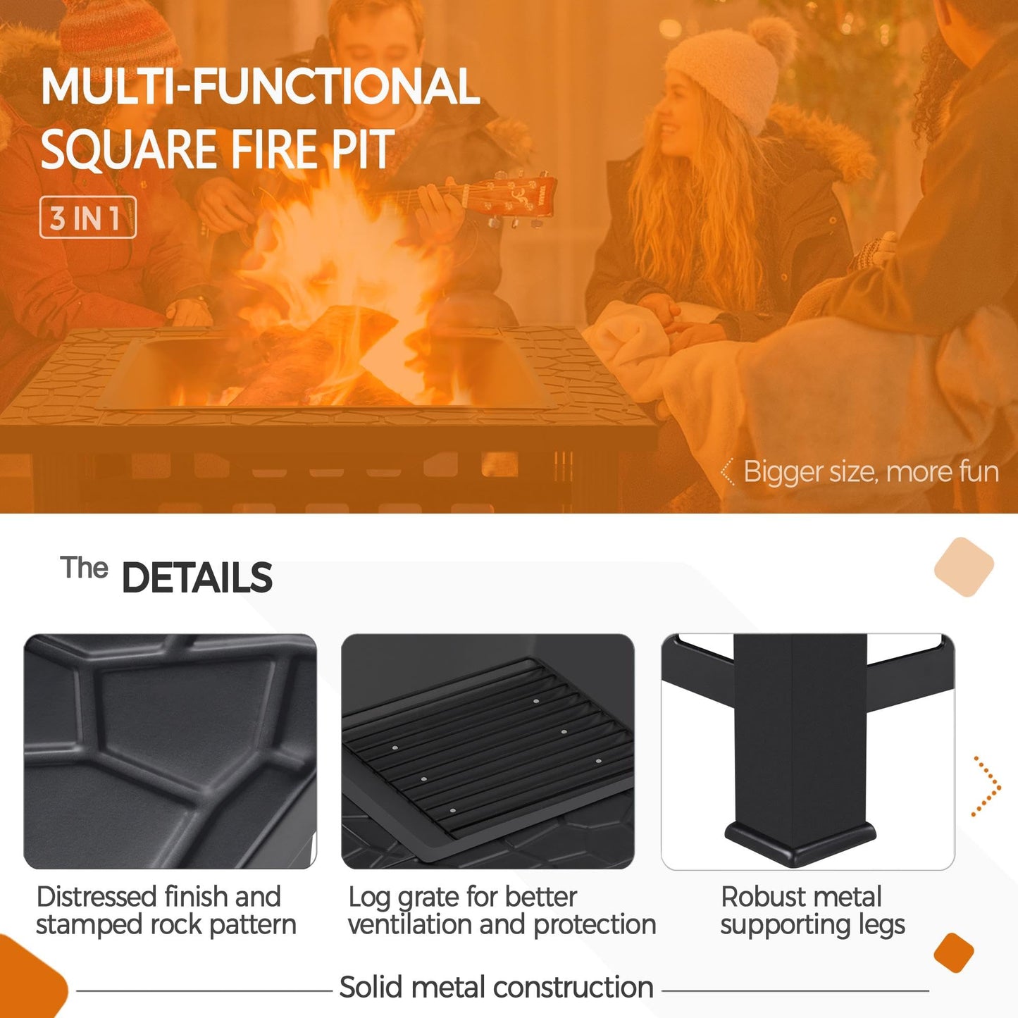 Yaheetech Outdoor Fire Pit 81cm Square Fire pits 3-in-1 Heat-resistant Metal Garden Stove for Barbecue, Heating, Cooling Drinks with Cover & Poker, Black