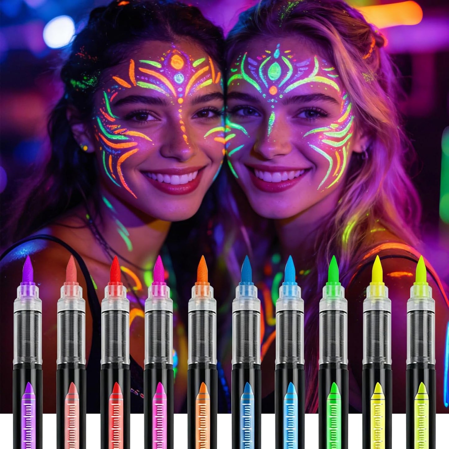 Glow in The Dark Face Paint Markers, 10 UV Neon Colours, Waterproof & Sweatproof, Skin-Safe Body Temporary Tattoo Pens, Washable Tattoo Markers for Halloween, Music Festivals, Raves, Parties