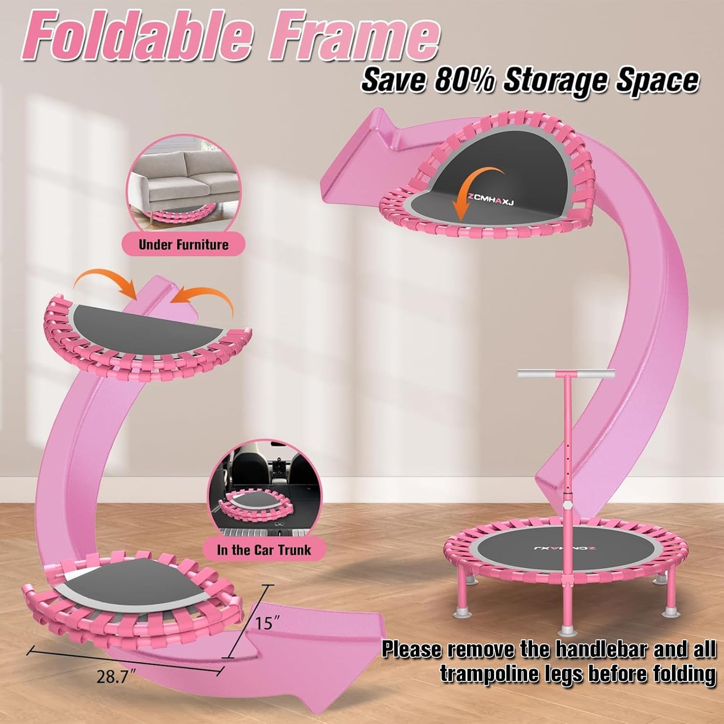 ZCMHAXJ Foldable Mini Trampoline, 40" Rebounder Trampoline for Adults & Kids, 450lbs Capacity with/without U/T-Shaped Adjustable Bar, Indoor Fitness Workout Exercise Equipment