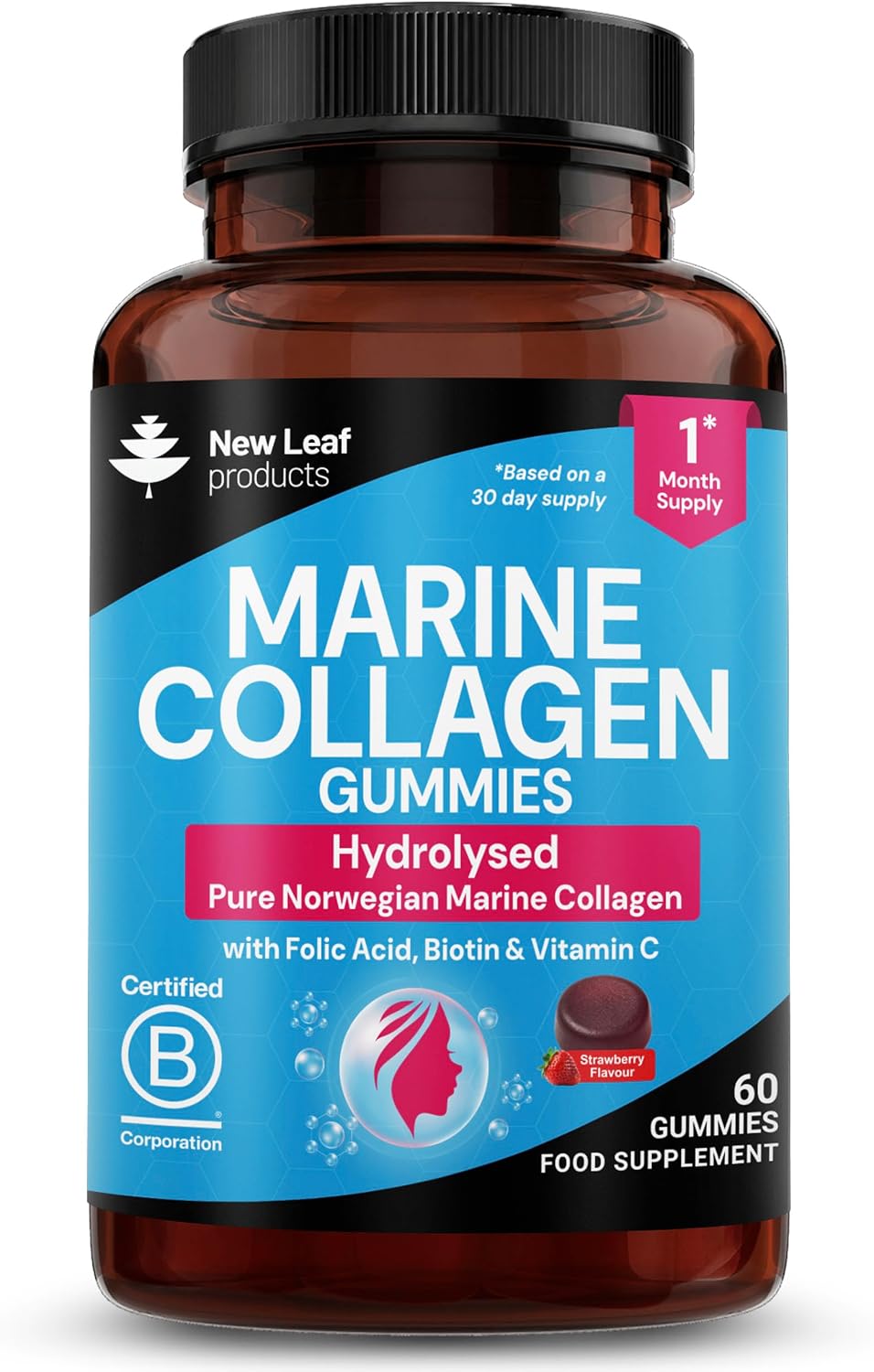 Marine Collagen Gummies for Women, 60 Gummies 1 Month Biotin, Folic Acid