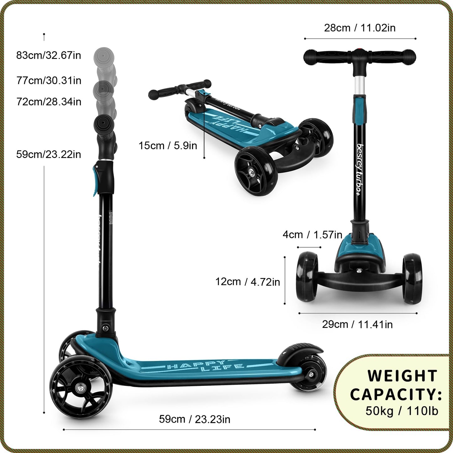 besrey 3-Wheel Toddler Scooter with Lean-to-Steer — Foldable, Anti-Slip Deck | Max 50 kg