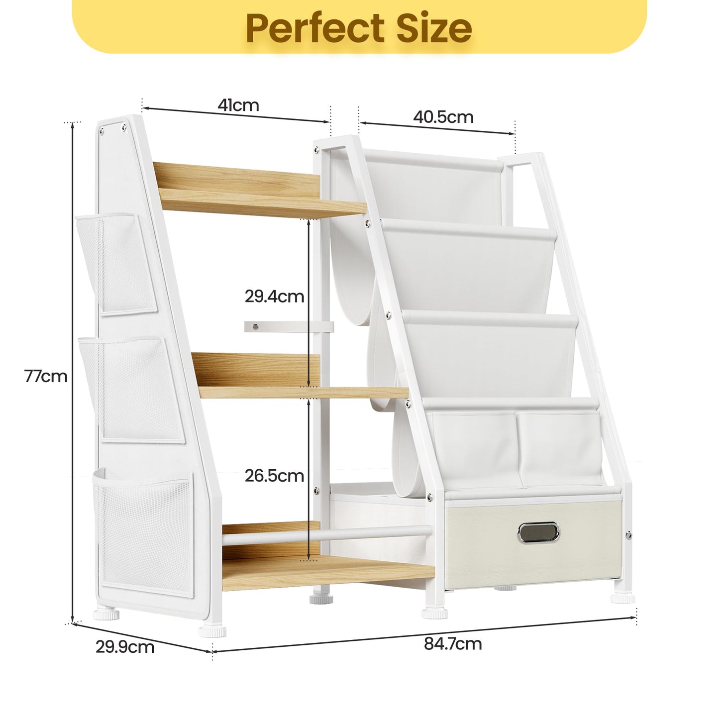 GoTiling Kids Bookshelf and Toy Storage Organizer: 3-Tier Sling Book Shelf with 3 Side Pockets for Kids Room - Toy Storage Organizer with 2 Fabric Drawers for Nursery, Bedroom, Playroom
