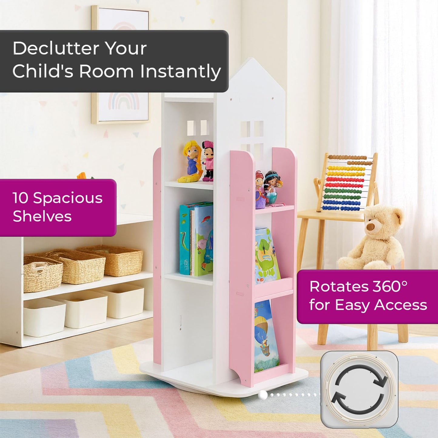 Neo House Shaped 360° Rotating Kids' Children's Freestanding Bookshelf Bookcase 10 Shelf Shelve Space‑Saving Design (White)