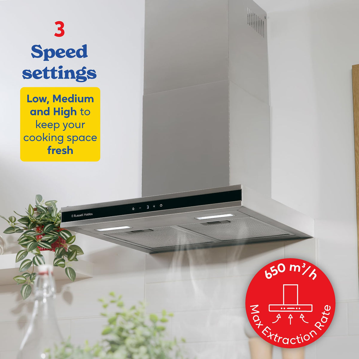 Russell Hobbs 90cm T-Shaped Cooker Hood in Stainless Steel with 3 Speed Settings, 3x Washable Aluminium Filters, Extraction or Recirculation, Boost Function, LED Lights A++ Energy Rating, RHGCH903SS