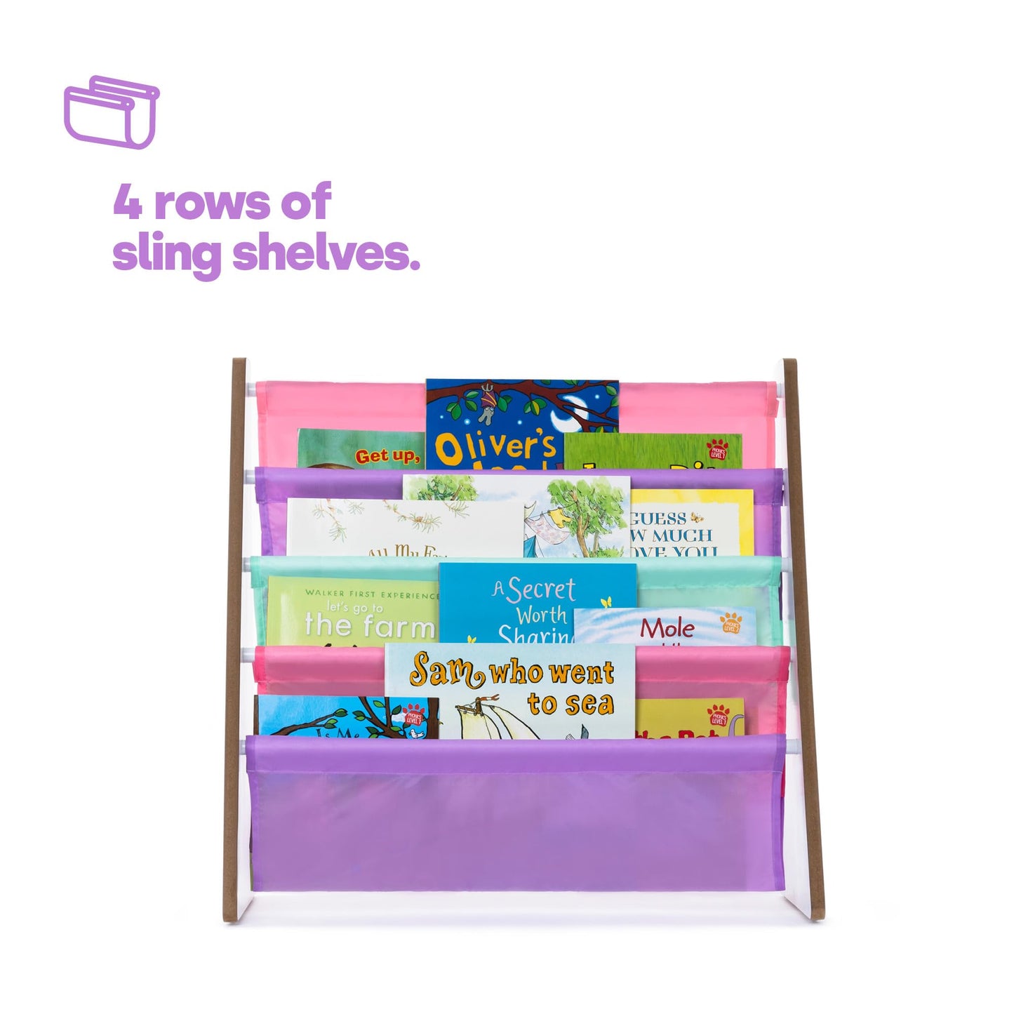 LIVIVO Colorful Kids Bookshelf - 4 Tier Children's Bookcase, Magazine and Book Storage Rack, Wooden Sling Book Organizer, Book Shelf for Kids Room, Bedroom, Nursery, Playroom (Natural)