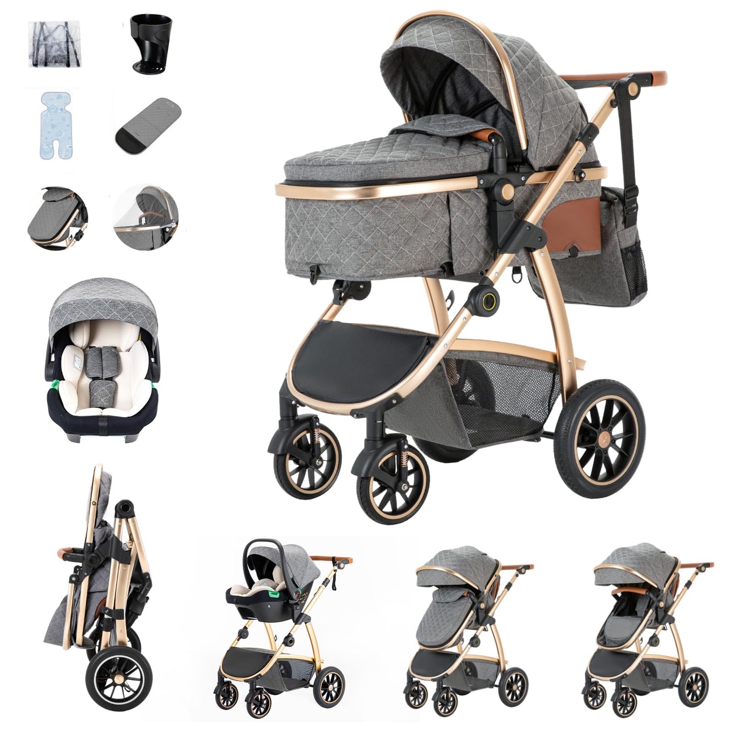 Zkipm Baby Pram 3 in 1, Foldable Baby Stroller,Pram Set Travel with Adjustable-Height Push Handle, Present Rain Cover, Mosquito Net, Bag, Cooling Mat, ect for Ages 0–3