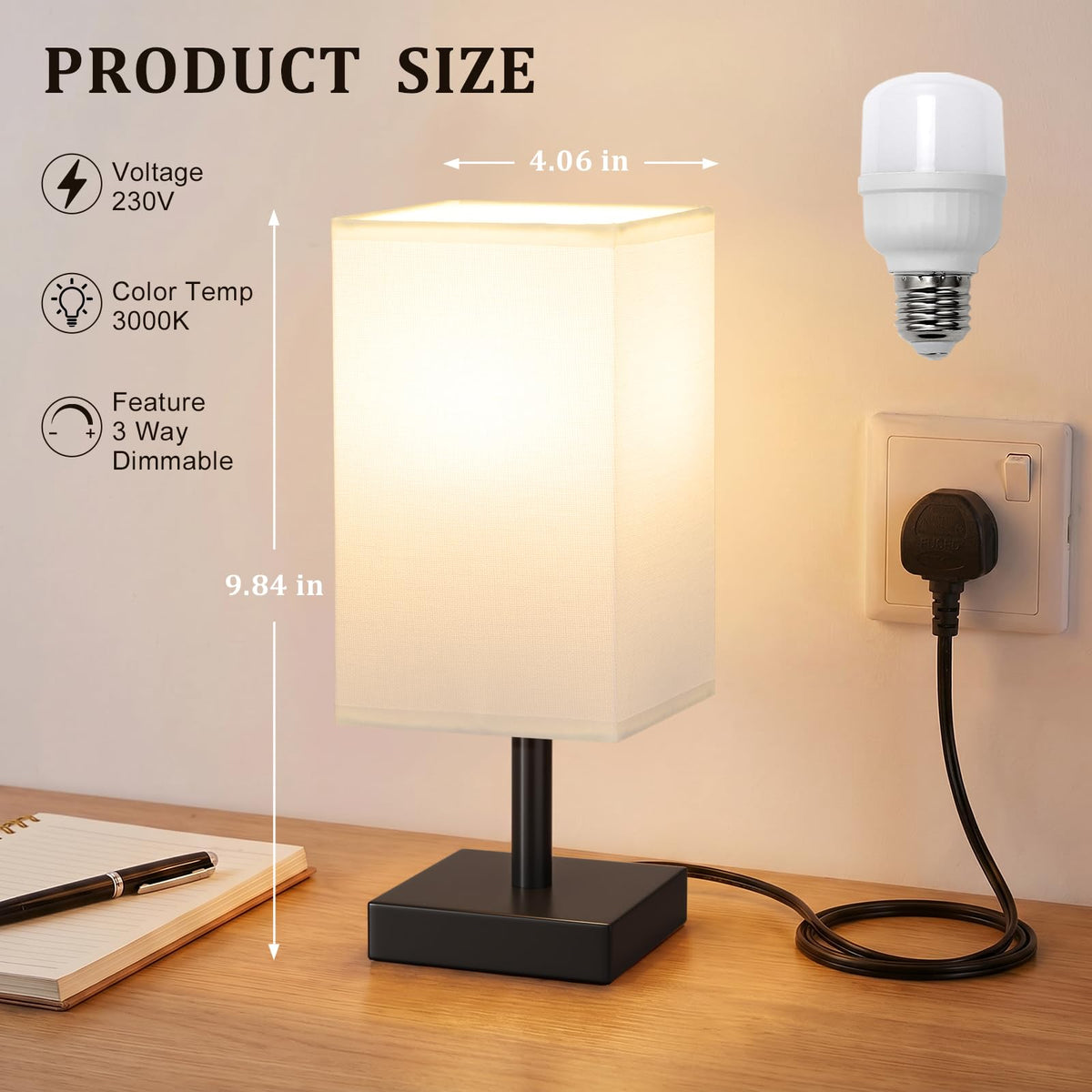 White Table Lamp for Bedroom, Small Bed Lamp with for Bedroom, Silver Base(Bulb Included)