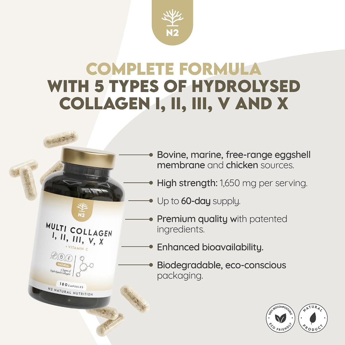 Multi Collagen 1650mg Type I, II, III, V, X. Bovine & Marine Collagen Peptides. 180 Capsules Enhanced with Vitamin C. High Strength Collagen for Joints, Hair and Skincare. N2 Natural Nutrition